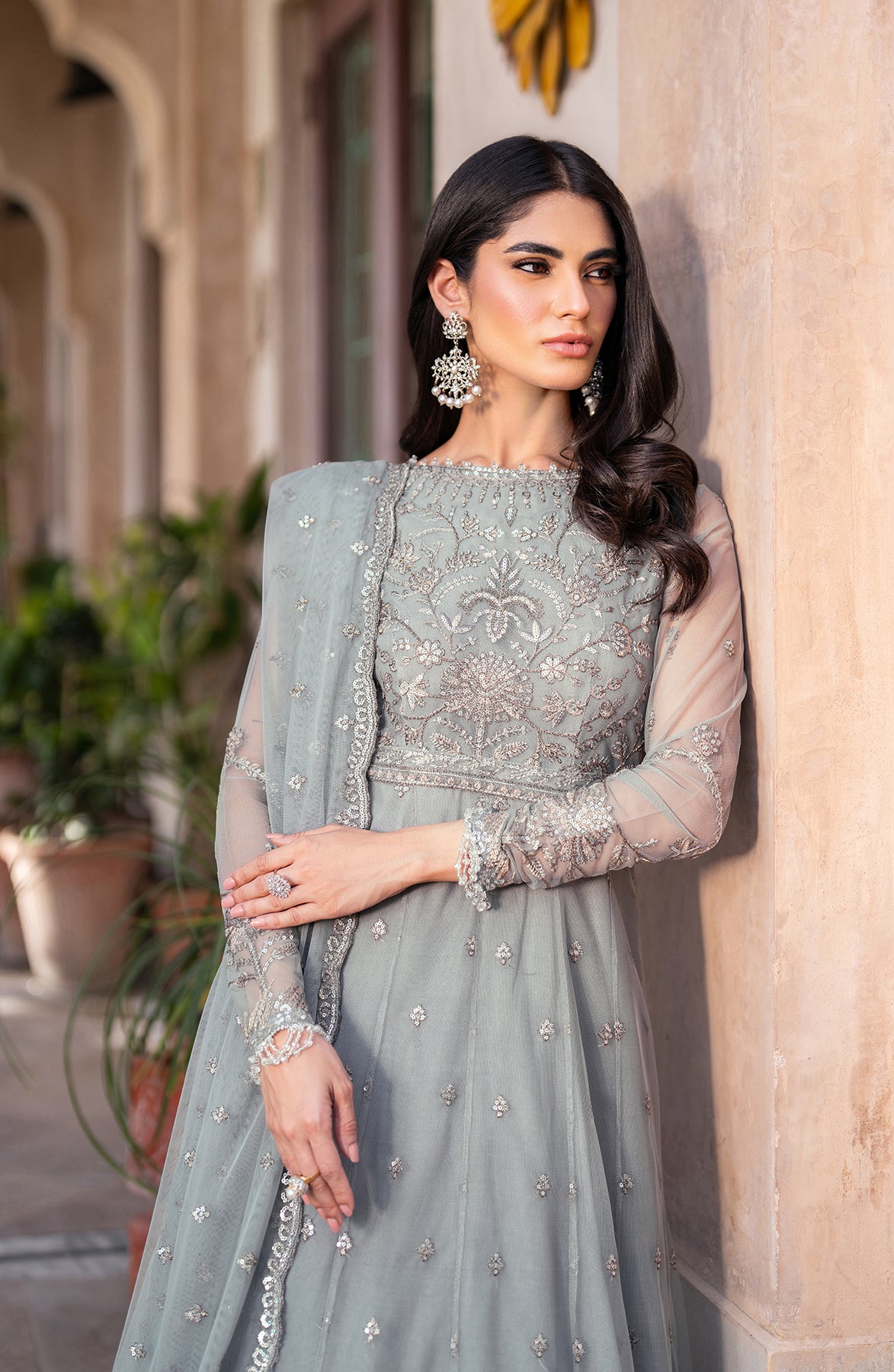 Dusty Sage Sequins Embroidered Net Anarkali Dress (3-Piece) - Image 4