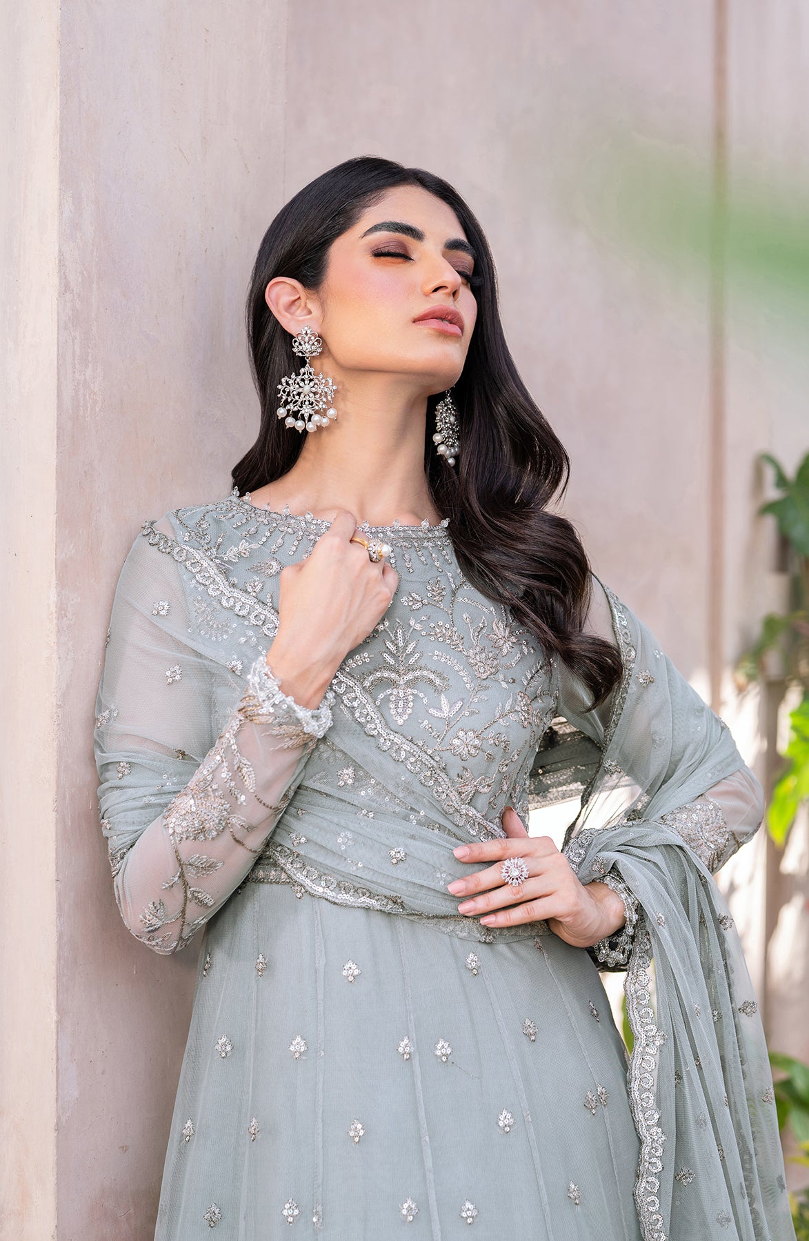 Dusty Sage Sequins Embroidered Net Anarkali Dress (3-Piece) - Image 6