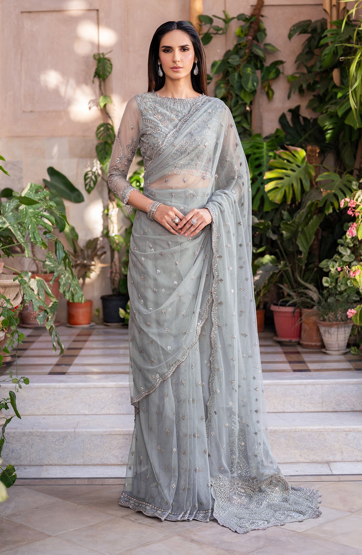 Dusty Sage Sequins Embroidered Net Anarkali Dress (3-Piece) - Image 7