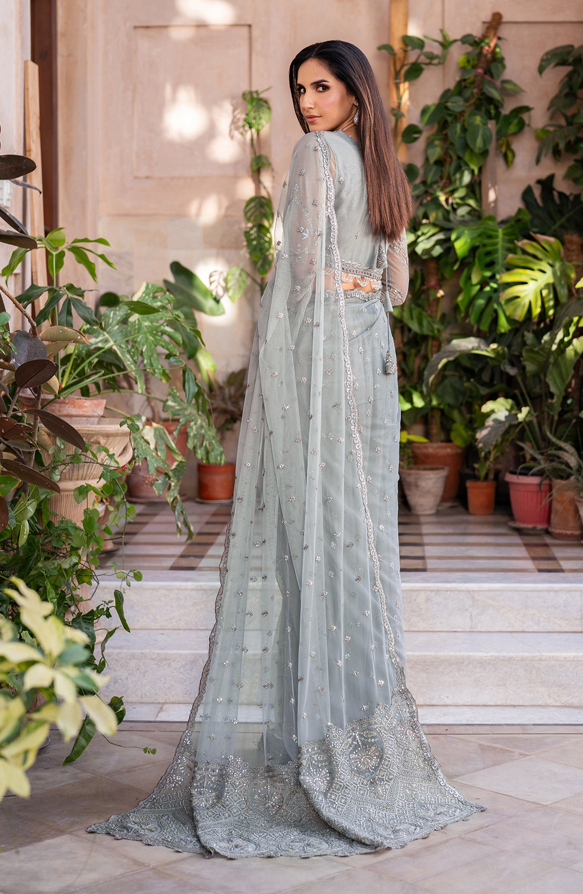 Dusty Sage Sequins Embroidered Net Anarkali Dress (3-Piece) - Image 9