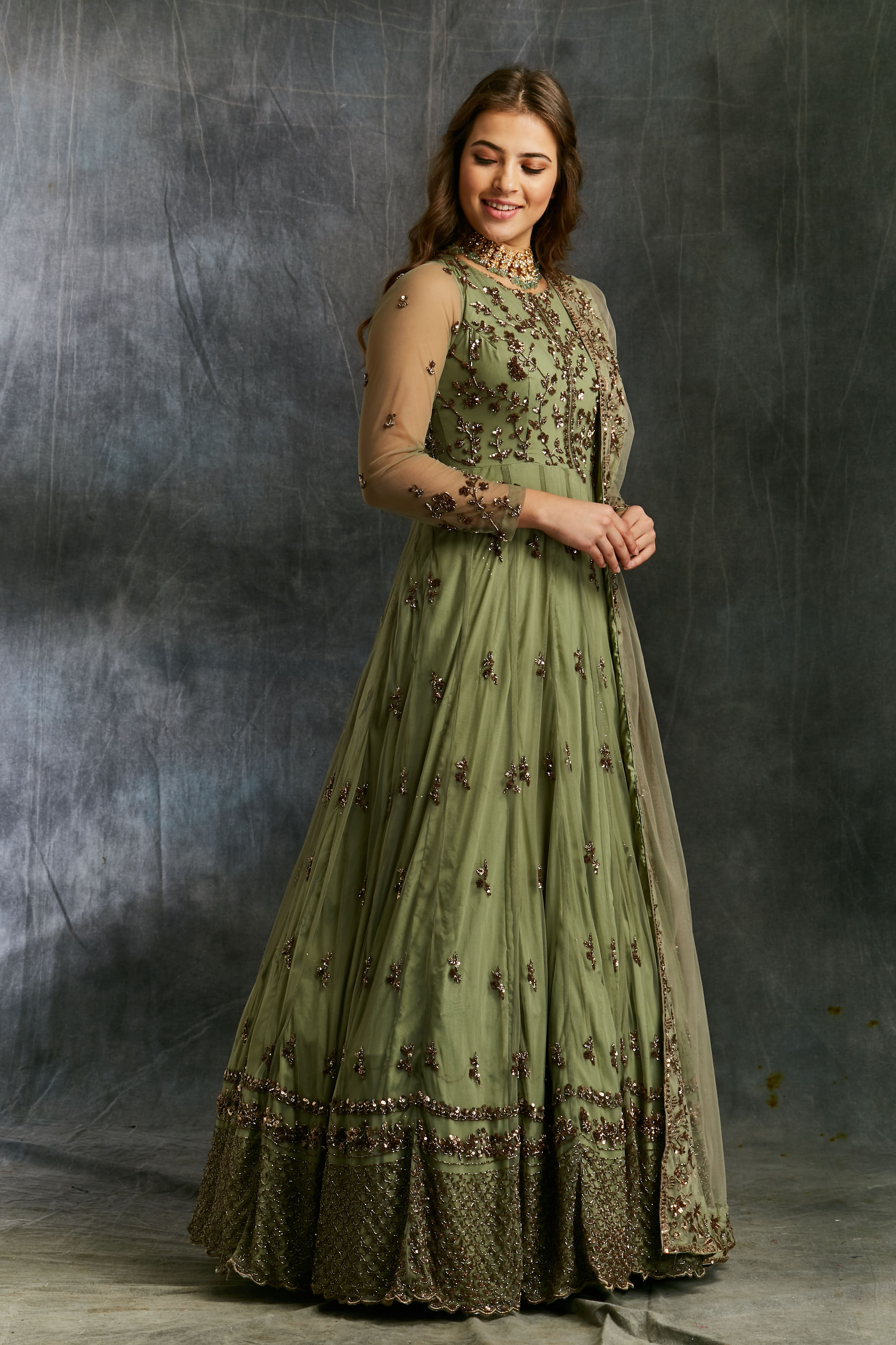 Olive Green Embroidered Net Anarkali Dress (2-Piece) - Image 1