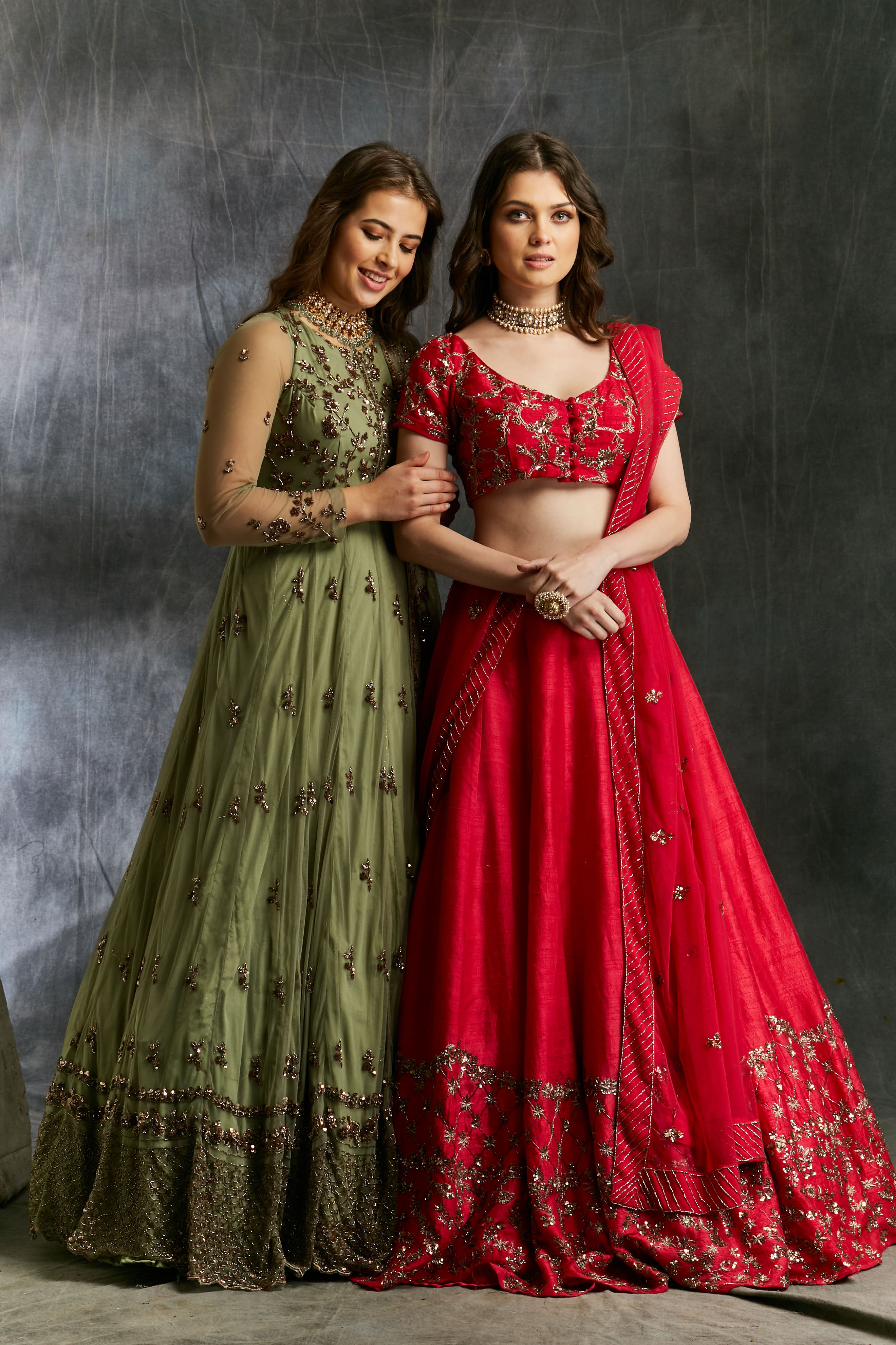 Olive Green Embroidered Net Anarkali Dress (2-Piece) - Image 2