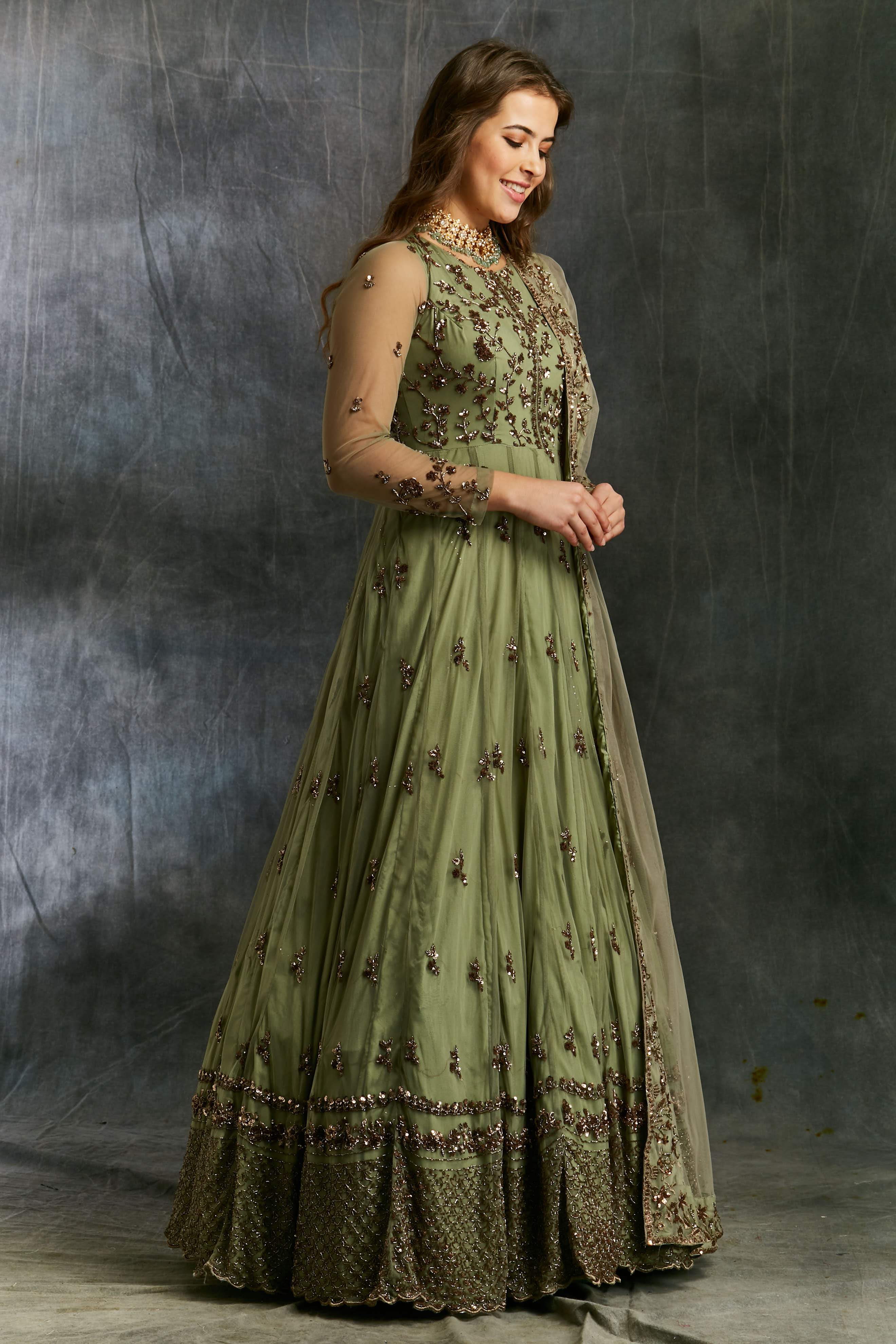 Olive Green Embroidered Net Anarkali Dress (2-Piece) - Image 3