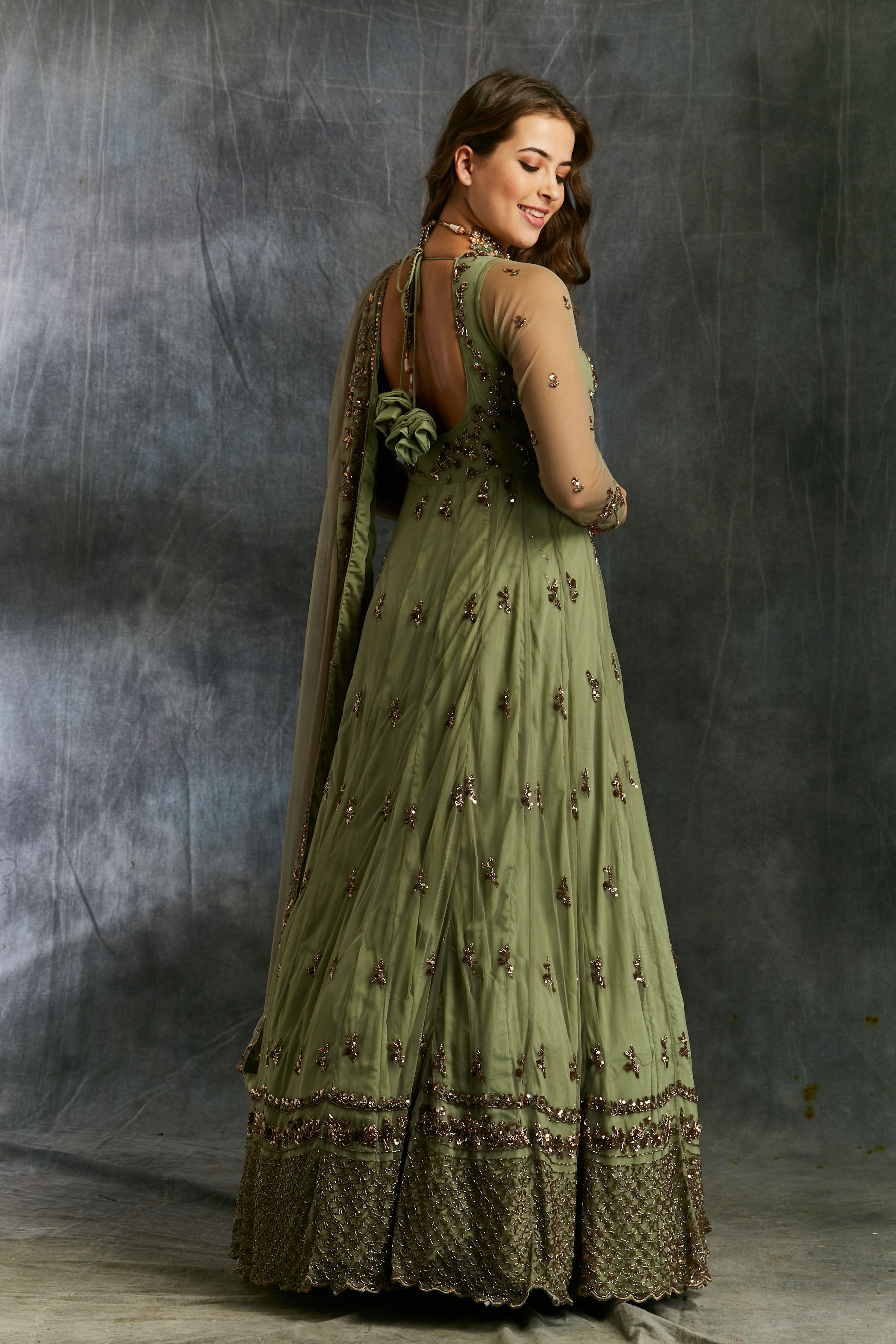 Olive Green Embroidered Net Anarkali Dress (2-Piece) - Image 4
