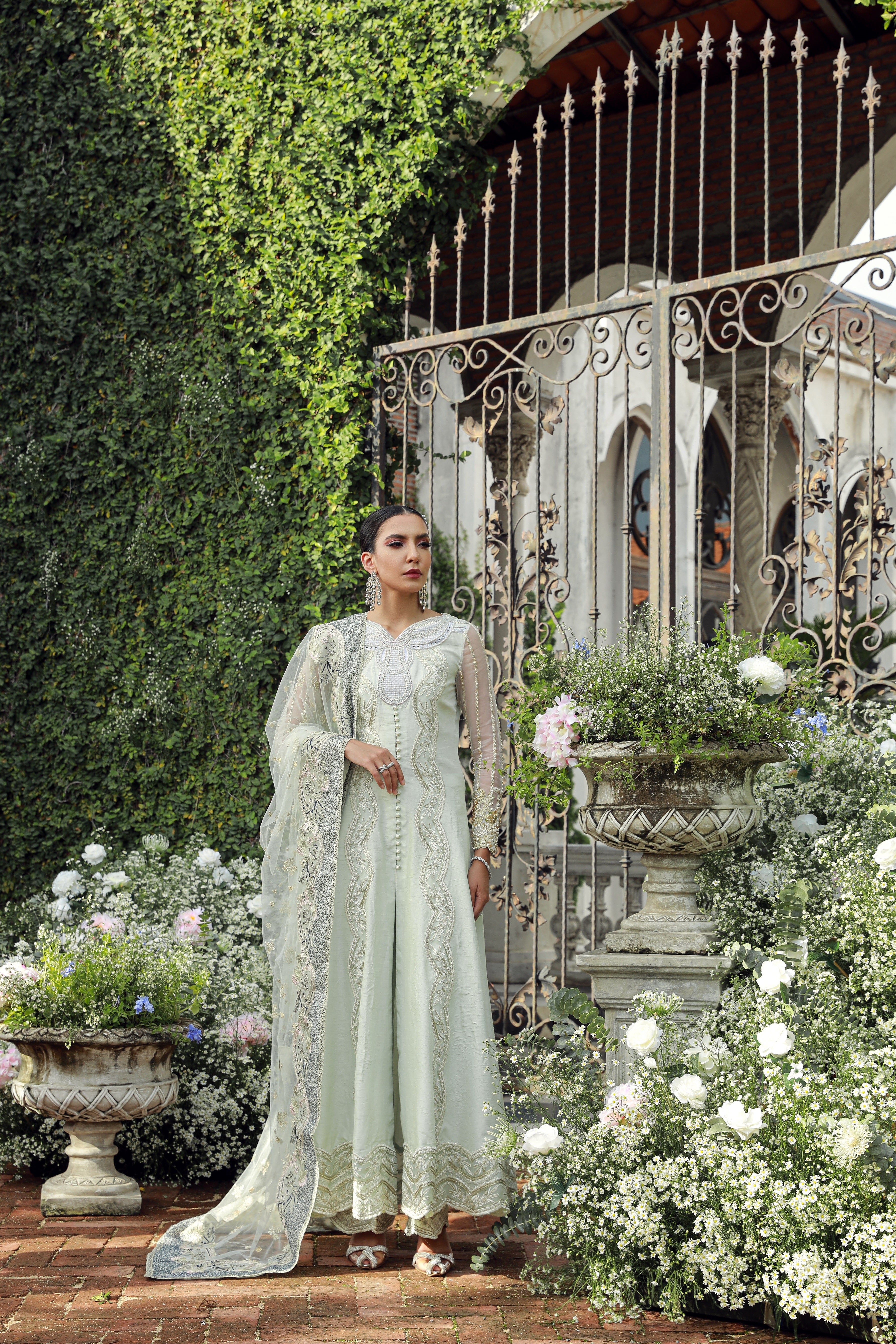 Pastel Mint Embroidered Net Anarkali Dress (3-Piece) - Image 1