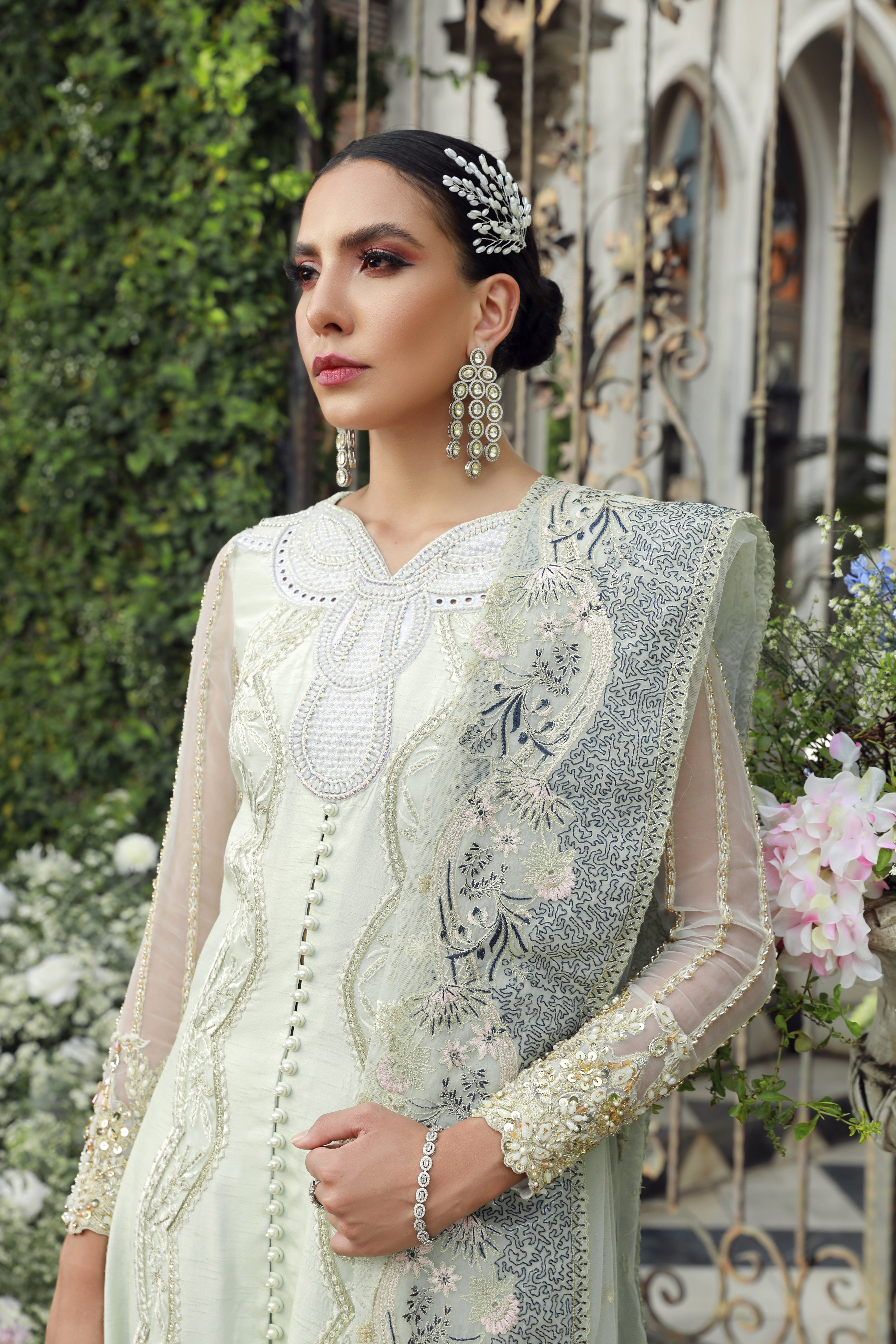 Pastel Mint Embroidered Net Anarkali Dress (3-Piece) - Image 5