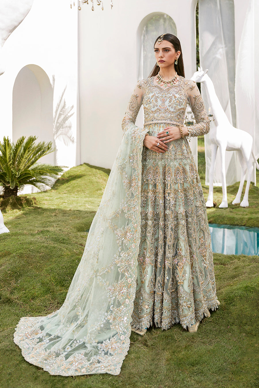 Pakistani Mint Green Embroidered Net Anarkali Dress (3-Piece) - Image 1