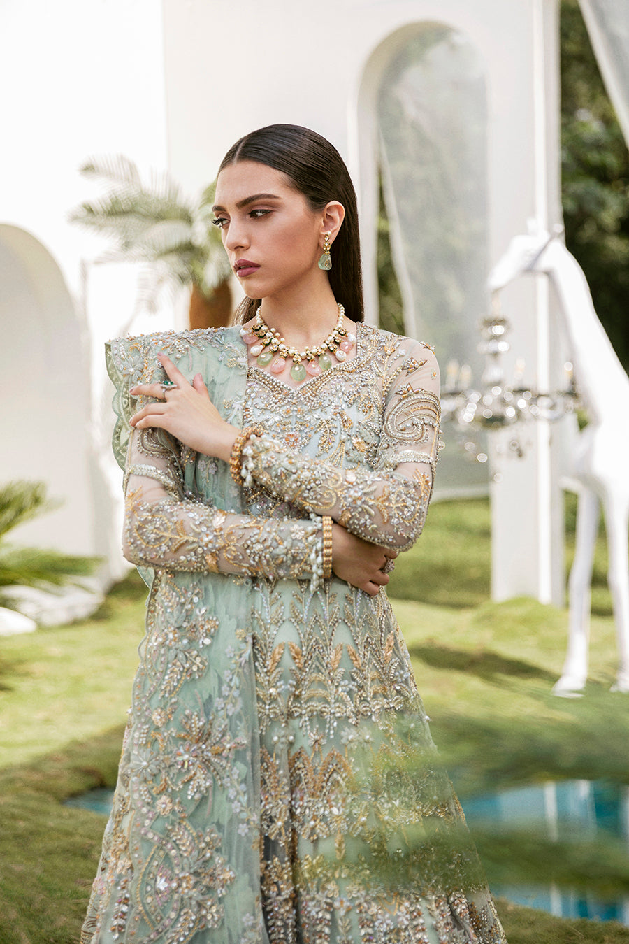 Pakistani Mint Green Embroidered Net Anarkali Dress (3-Piece) - Image 2