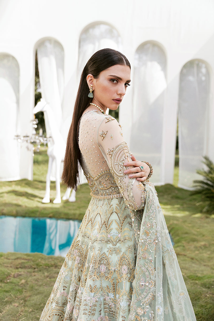 Pakistani Mint Green Embroidered Net Anarkali Dress (3-Piece) - Image 4