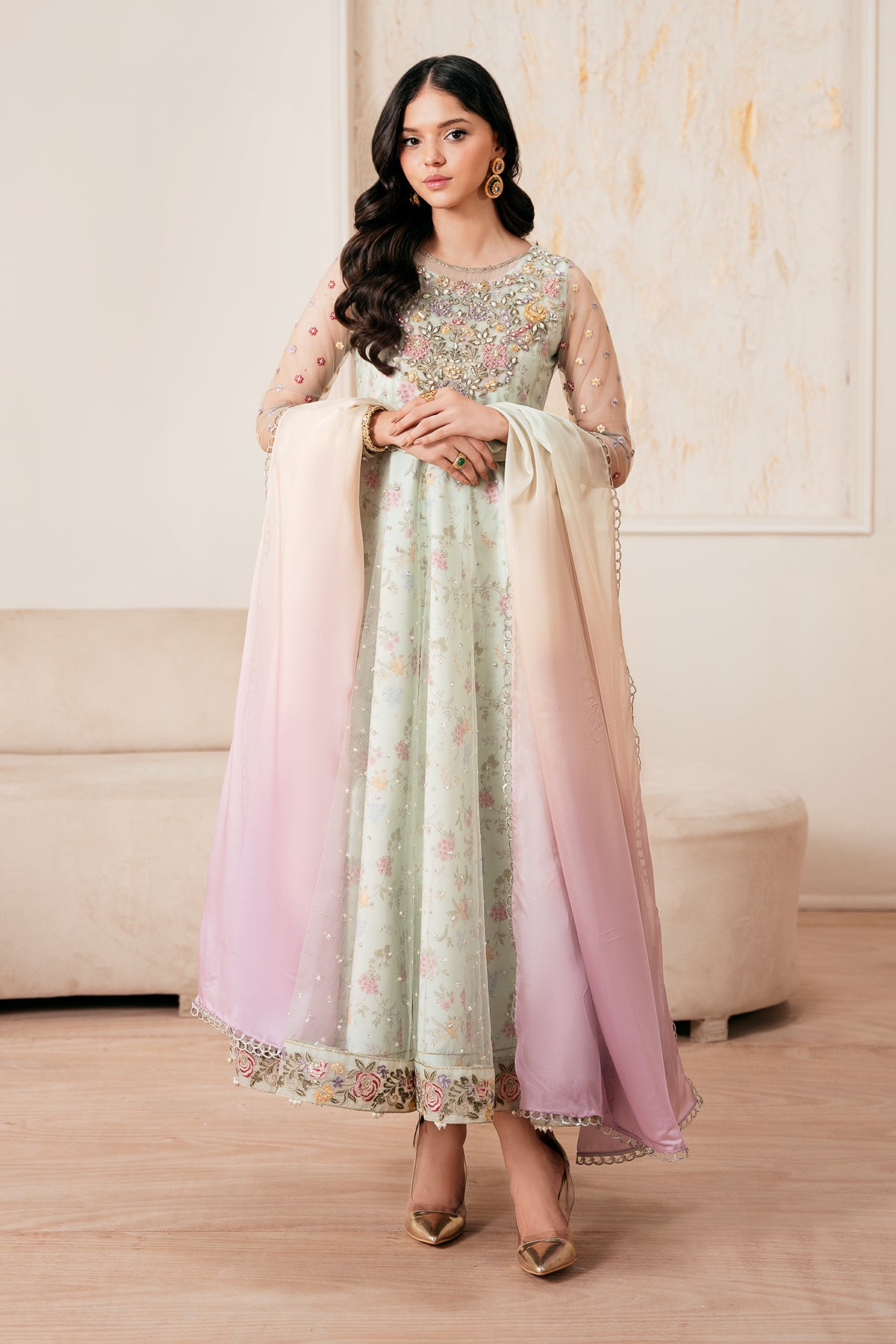 Pakistani Pastel Mint Embroidered Net Anarkali Dress (3-Piece) - Image 1