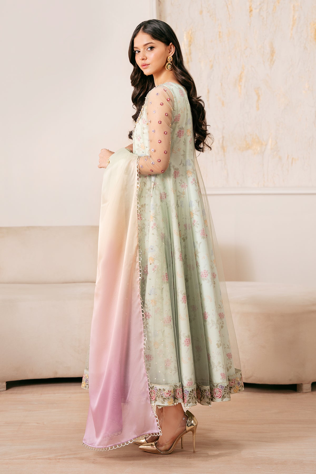 Pakistani Pastel Mint Embroidered Net Anarkali Dress (3-Piece) - Image 2
