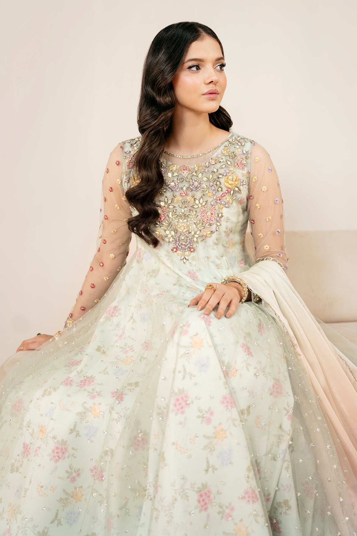 Pakistani Pastel Mint Embroidered Net Anarkali Dress (3-Piece) - Image 3