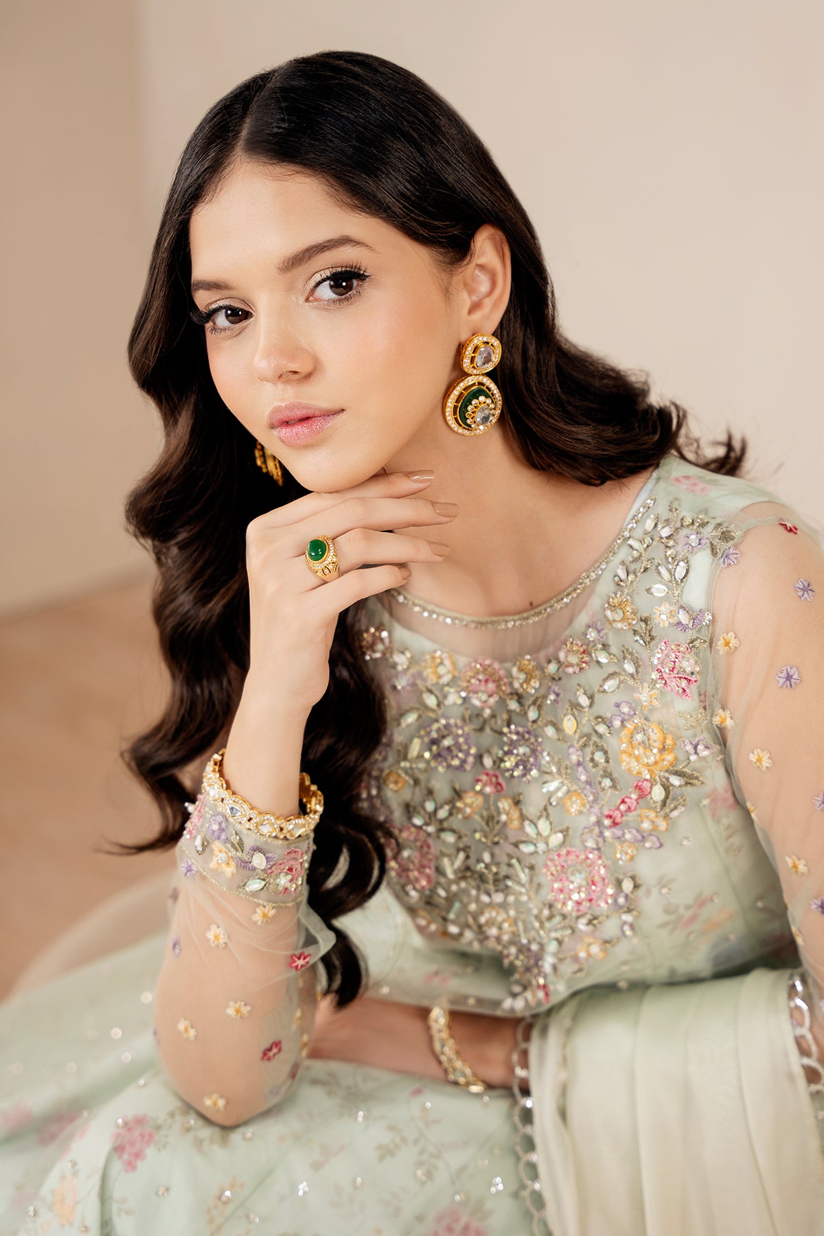 Pakistani Pastel Mint Embroidered Net Anarkali Dress (3-Piece) - Image 4