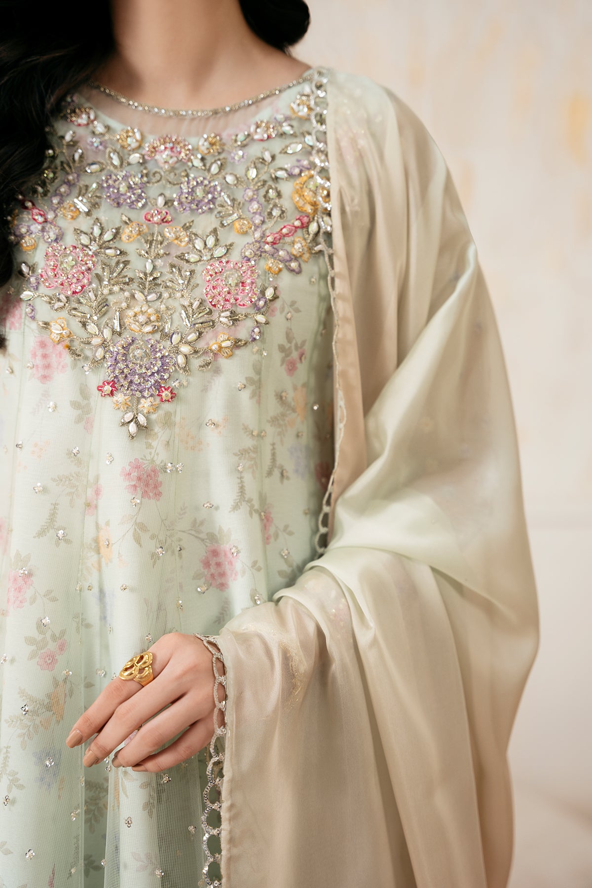 Pakistani Pastel Mint Embroidered Net Anarkali Dress (3-Piece) - Image 6