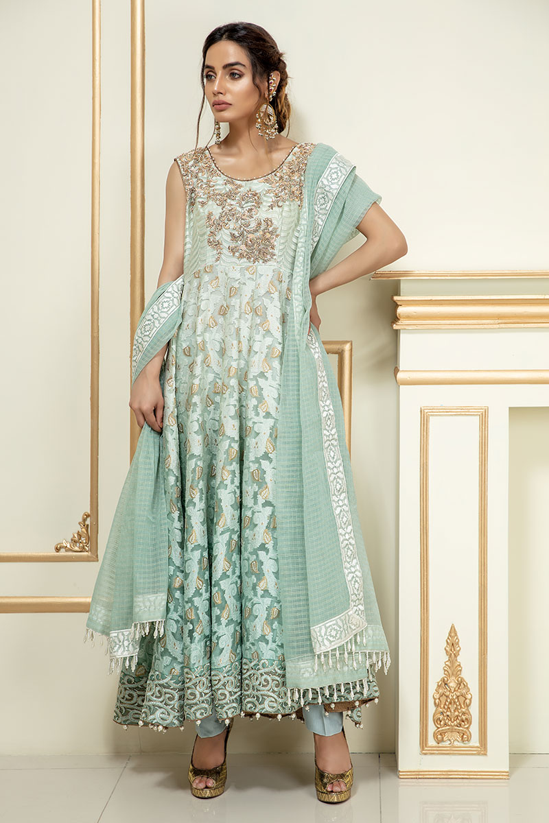 Sea Green Dabka Embroidered Organza Anarkali Dress (3-Piece) - Image 1