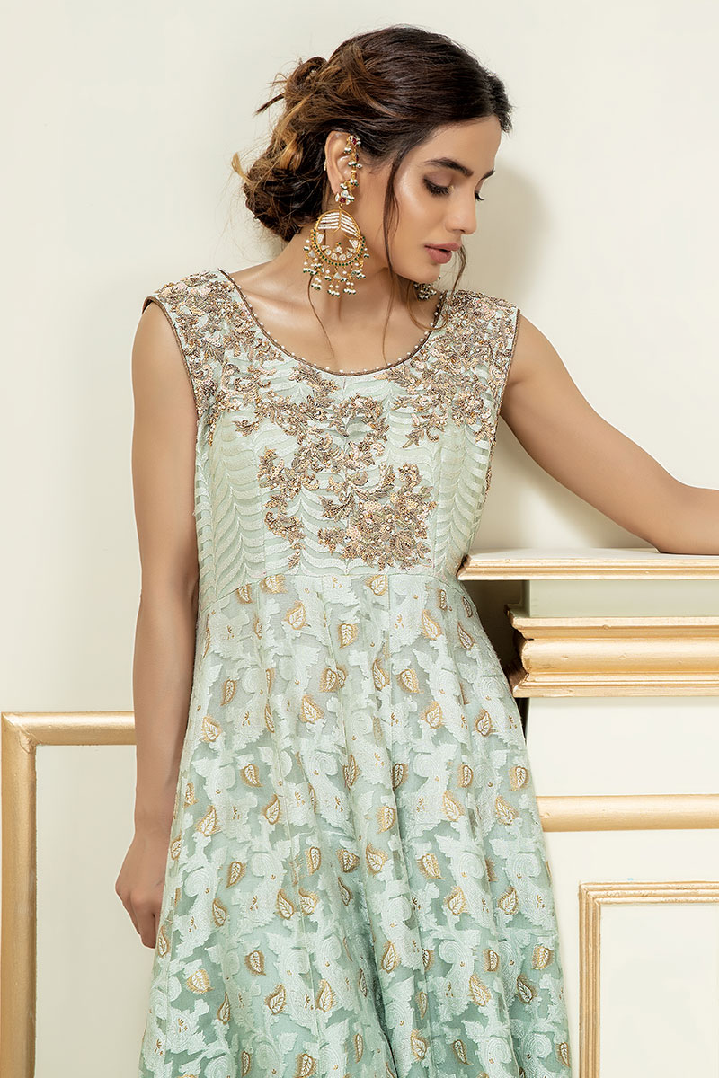 Sea Green Dabka Embroidered Organza Anarkali Dress (3-Piece) - Image 2