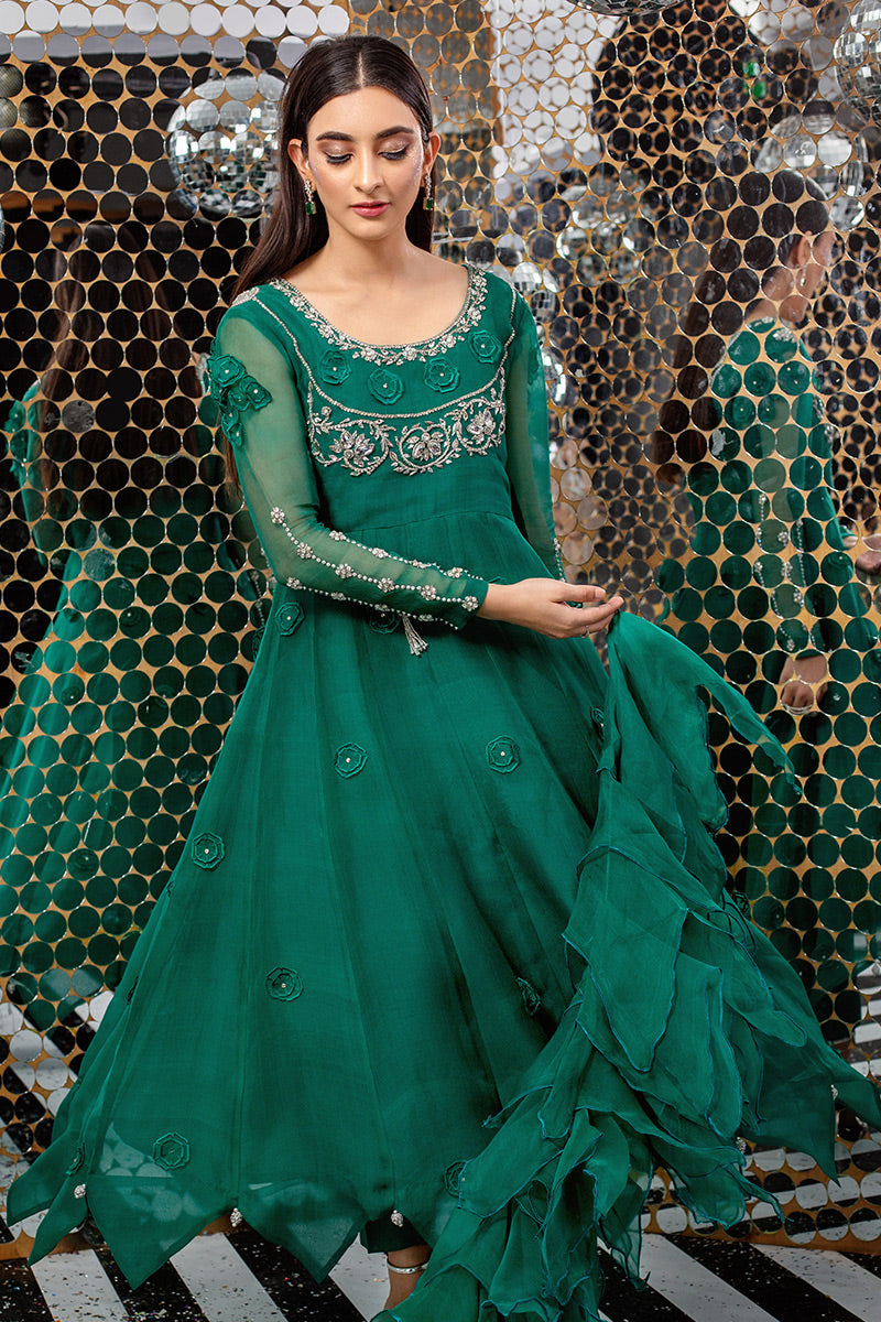 Emerald Green Embellished Organza Anarkali Dress (2-Piece) - Image 1