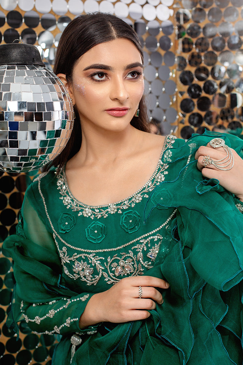 Emerald Green Embellished Organza Anarkali Dress (2-Piece) - Image 2