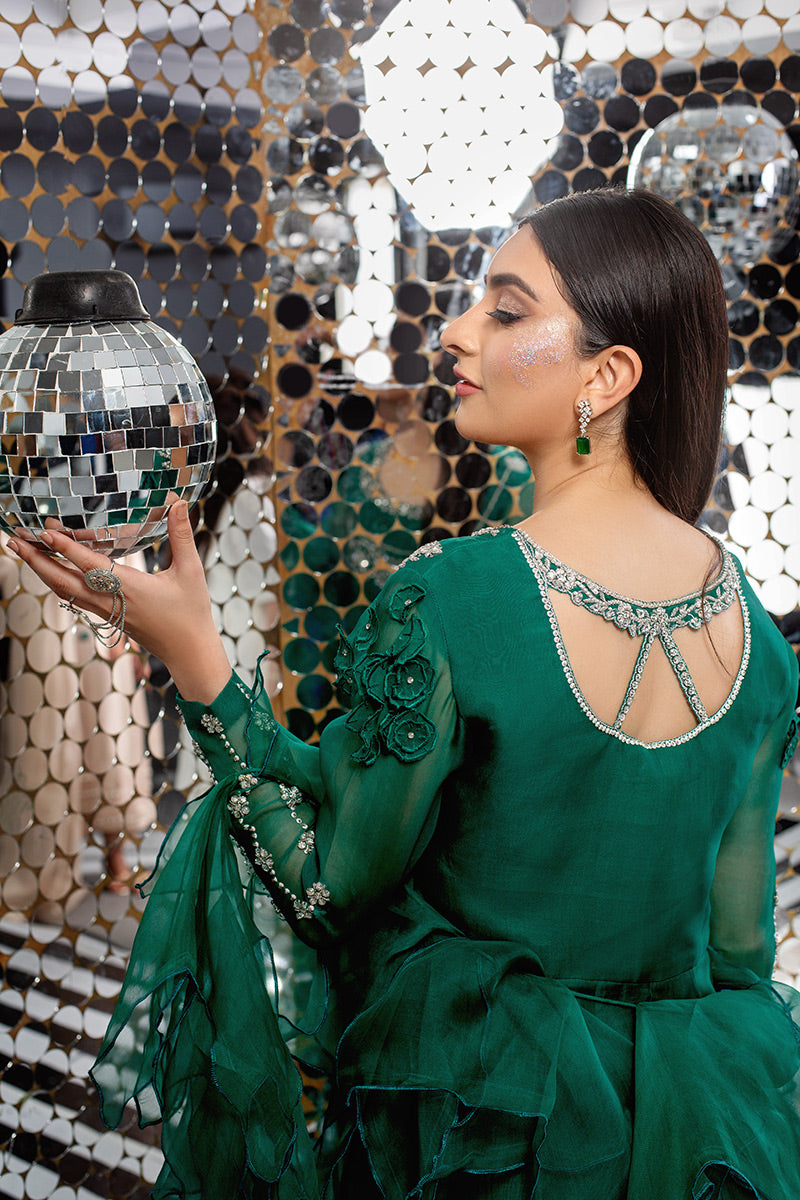 Emerald Green Embellished Organza Anarkali Dress (2-Piece) - Image 3