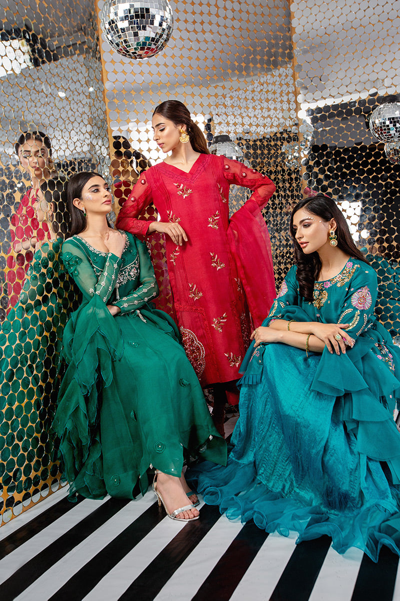 Emerald Green Embellished Organza Anarkali Dress (2-Piece) - Image 5