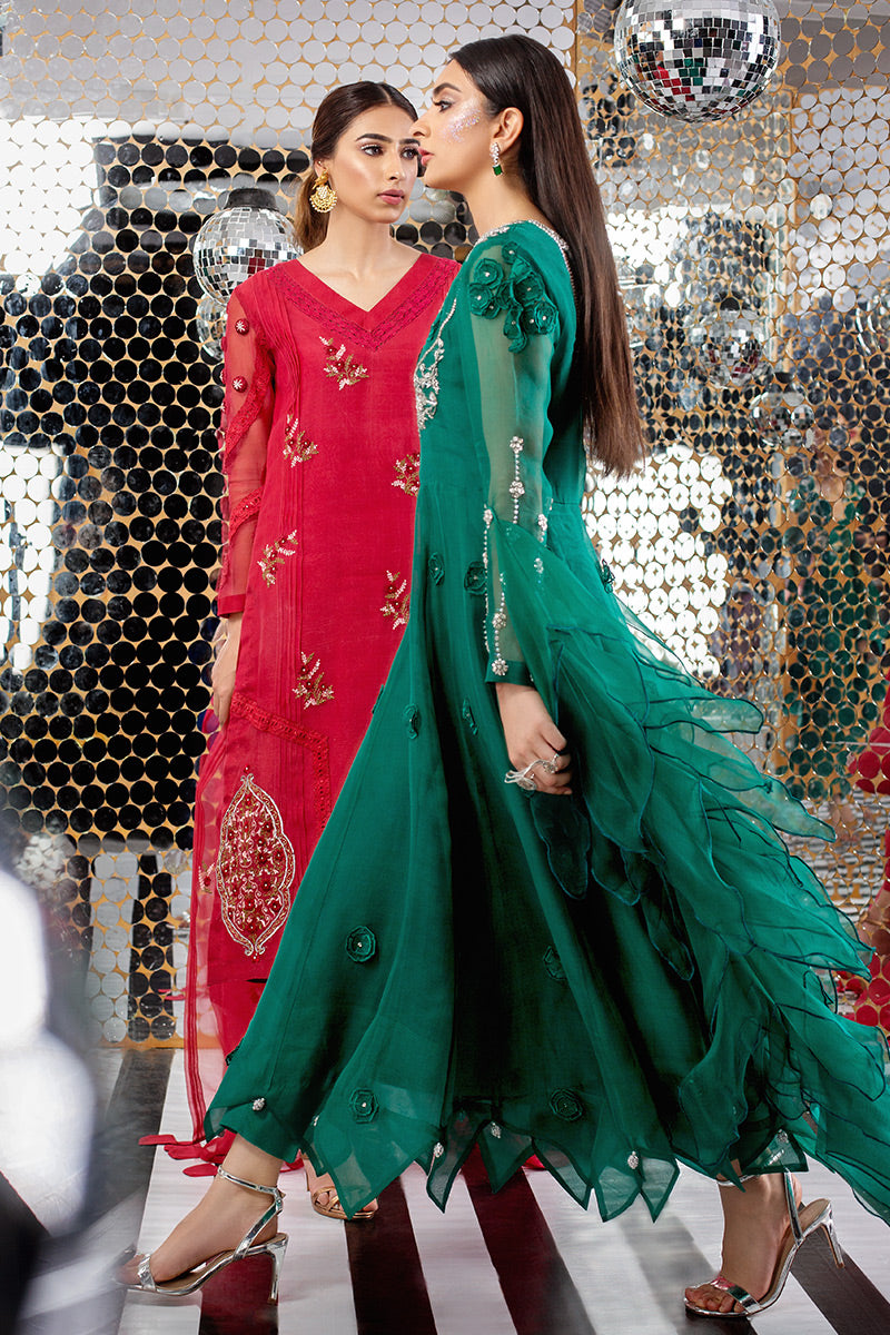 Emerald Green Embellished Organza Anarkali Dress (2-Piece) - Image 6