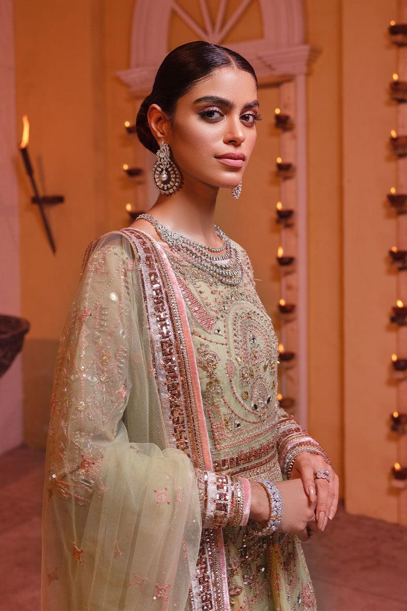 Apple Green Embroidered Pure Organza Anarkali (3-Piece) - Image 3