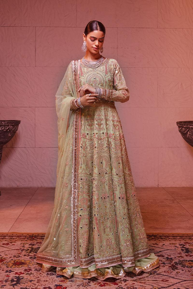 Apple Green Embroidered Pure Organza Anarkali (3-Piece) - Image 4