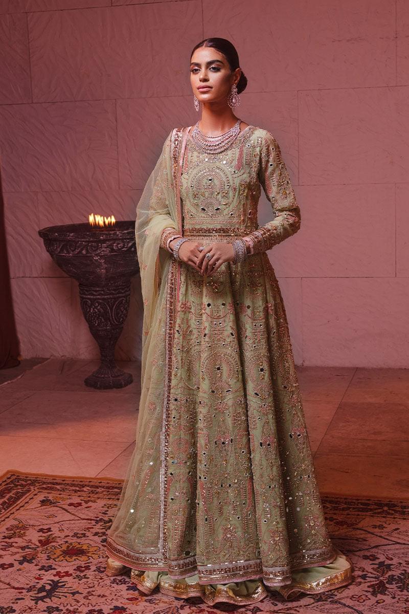 Apple Green Embroidered Pure Organza Anarkali (3-Piece) - Image 8