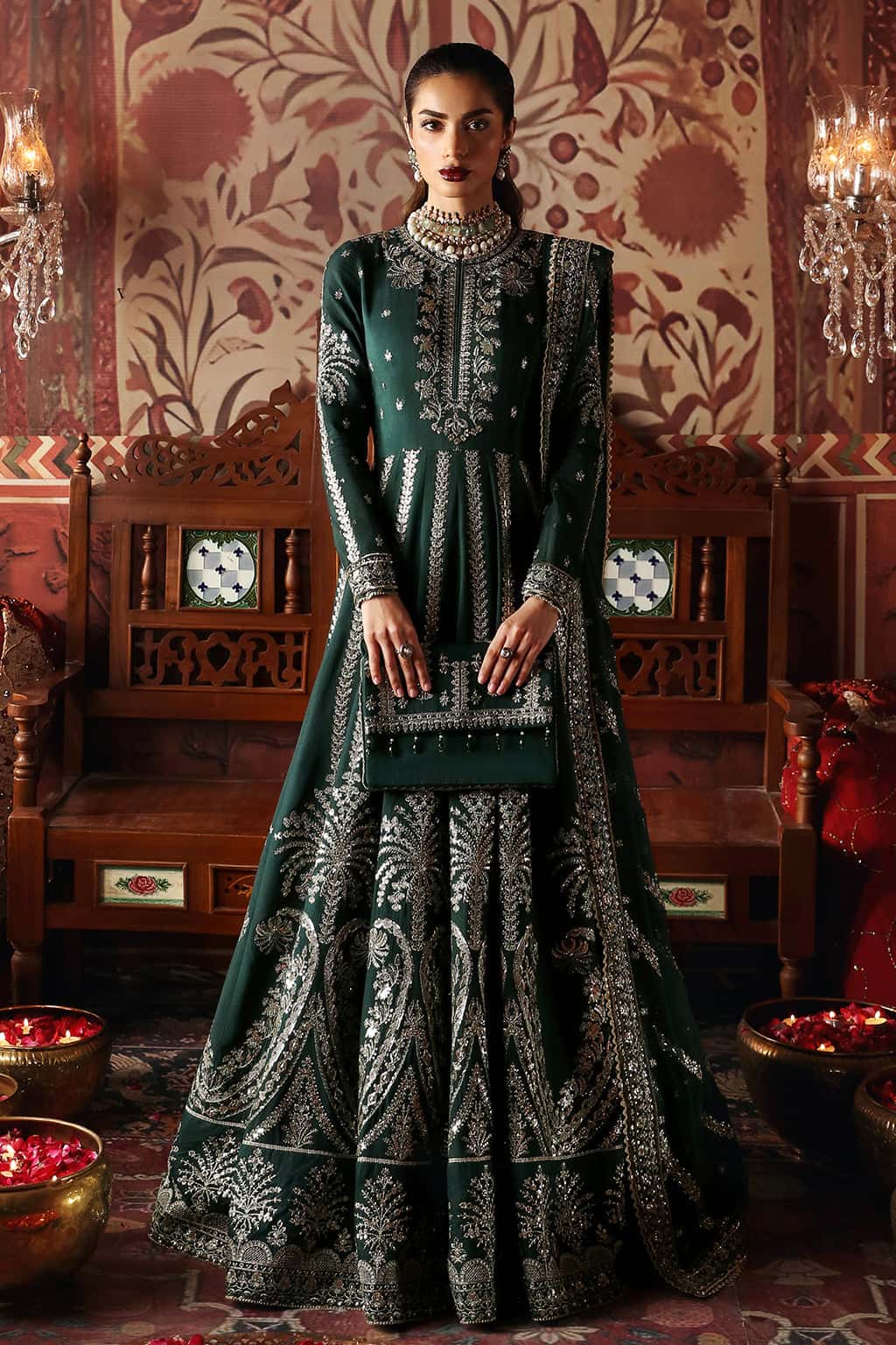 Pakistani Bottle Green Embroidered Raw Silk Bridal Maxi (2-Piece) - Image 1