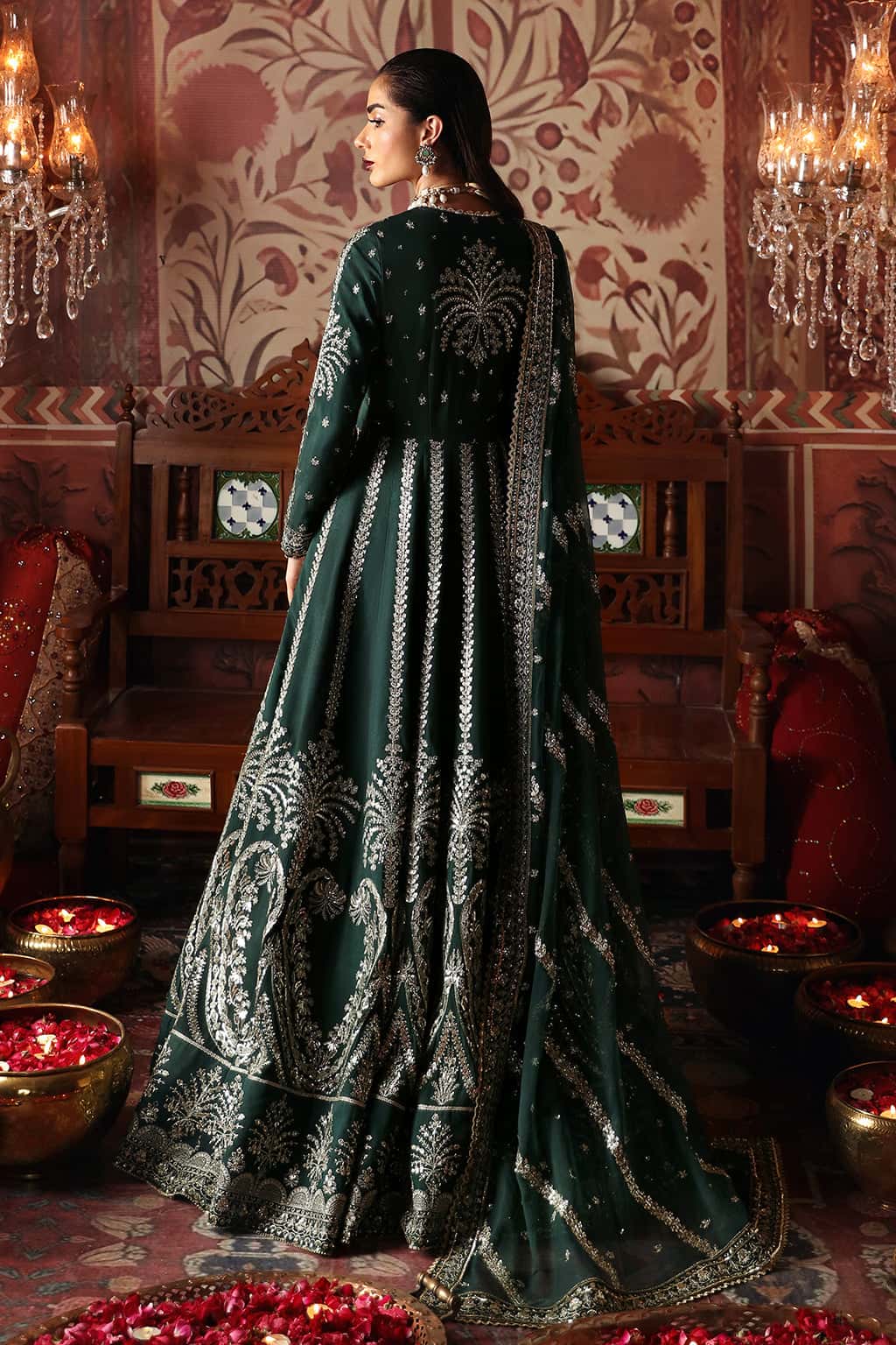 Pakistani Bottle Green Embroidered Raw Silk Bridal Maxi (2-Piece) - Image 2