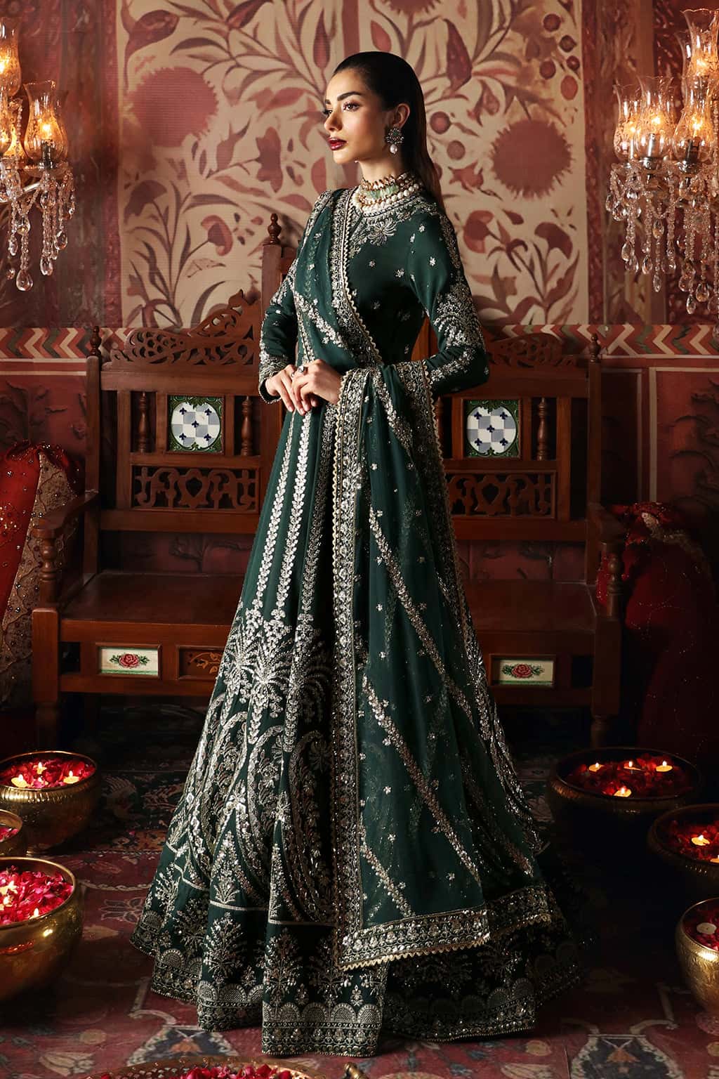 Pakistani Bottle Green Embroidered Raw Silk Bridal Maxi (2-Piece) - Image 4