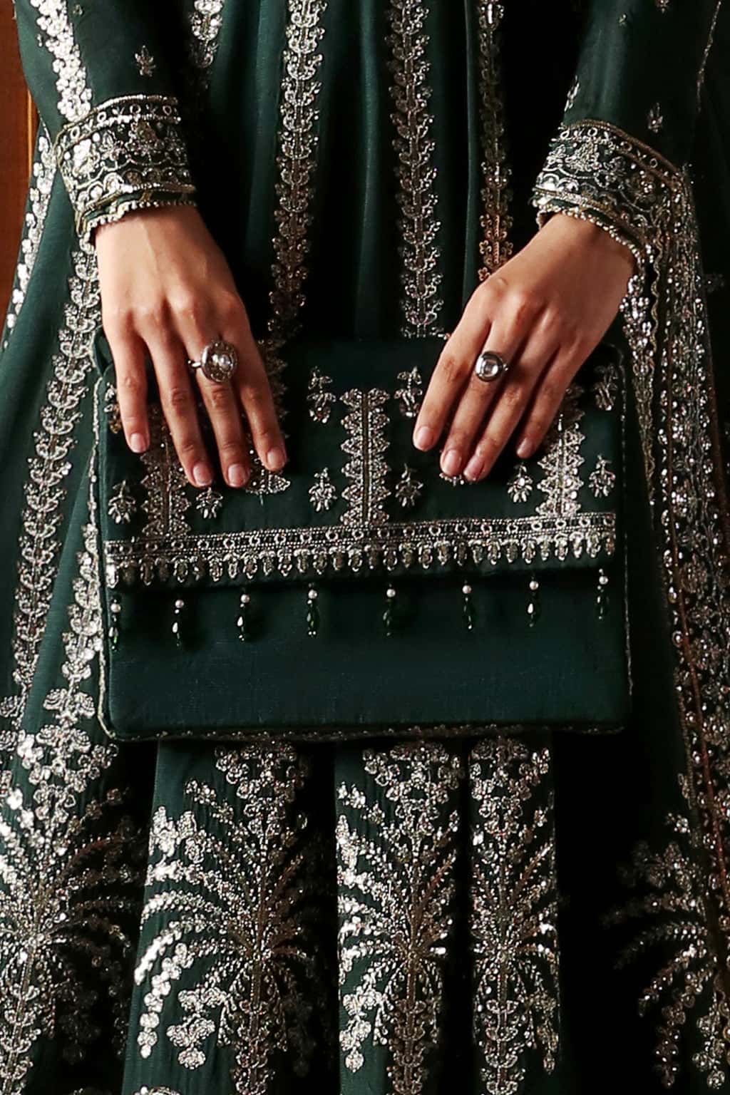 Pakistani Bottle Green Embroidered Raw Silk Bridal Maxi (2-Piece) - Image 7