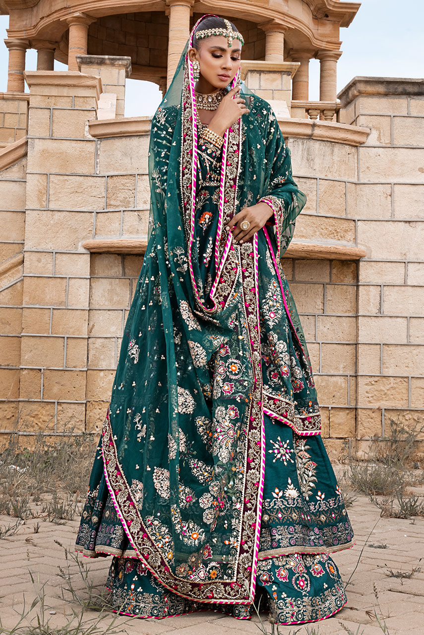Pakistani Olive Green Zardozi Raw Silk Anarkali (2-Piece) - Image 1