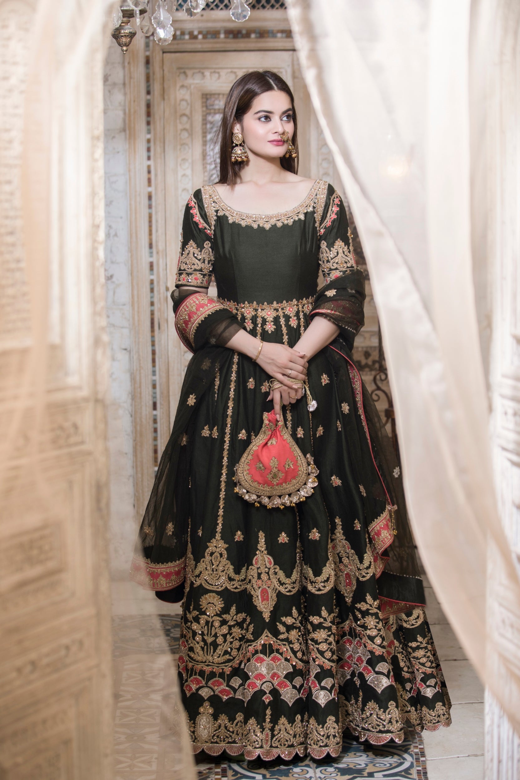 Pakistani Deep Green Embroidered Silk-Blend Anarkali Dress (2-Piece) - Image 1