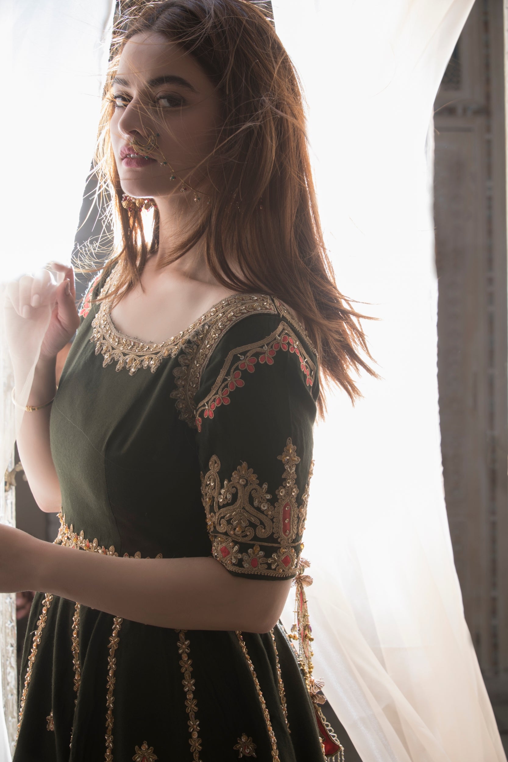 Pakistani Deep Green Embroidered Silk-Blend Anarkali Dress (2-Piece) - Image 10