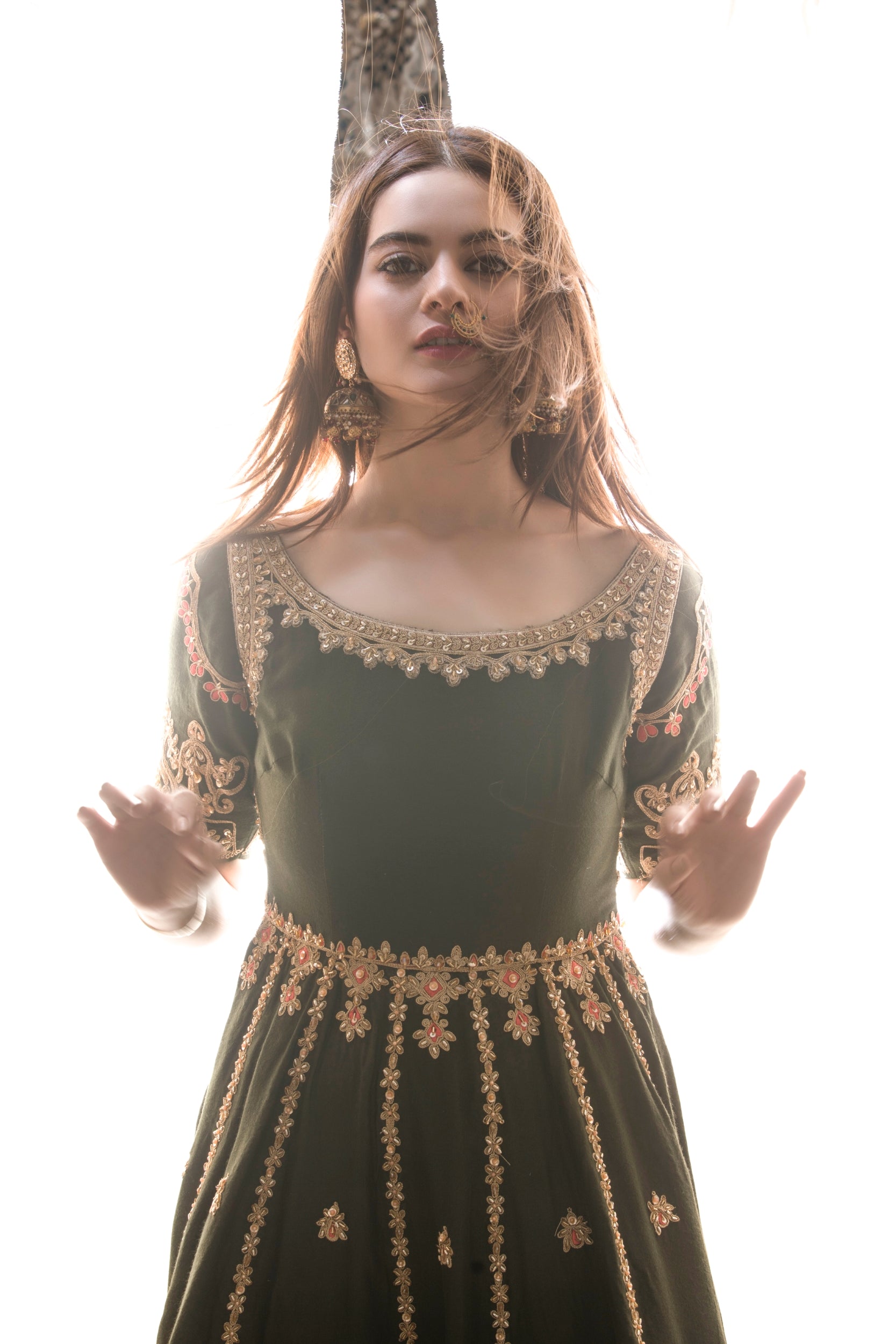 Pakistani Deep Green Embroidered Silk-Blend Anarkali Dress (2-Piece) - Image 11