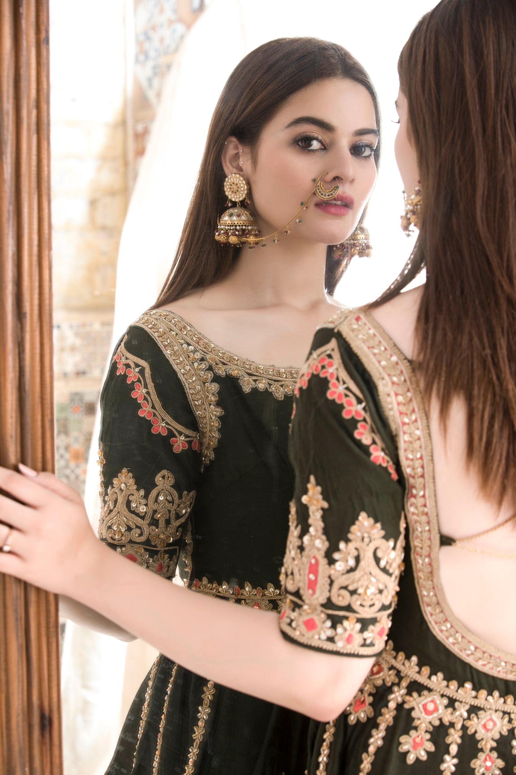 Pakistani Deep Green Embroidered Silk-Blend Anarkali Dress (2-Piece) - Image 12