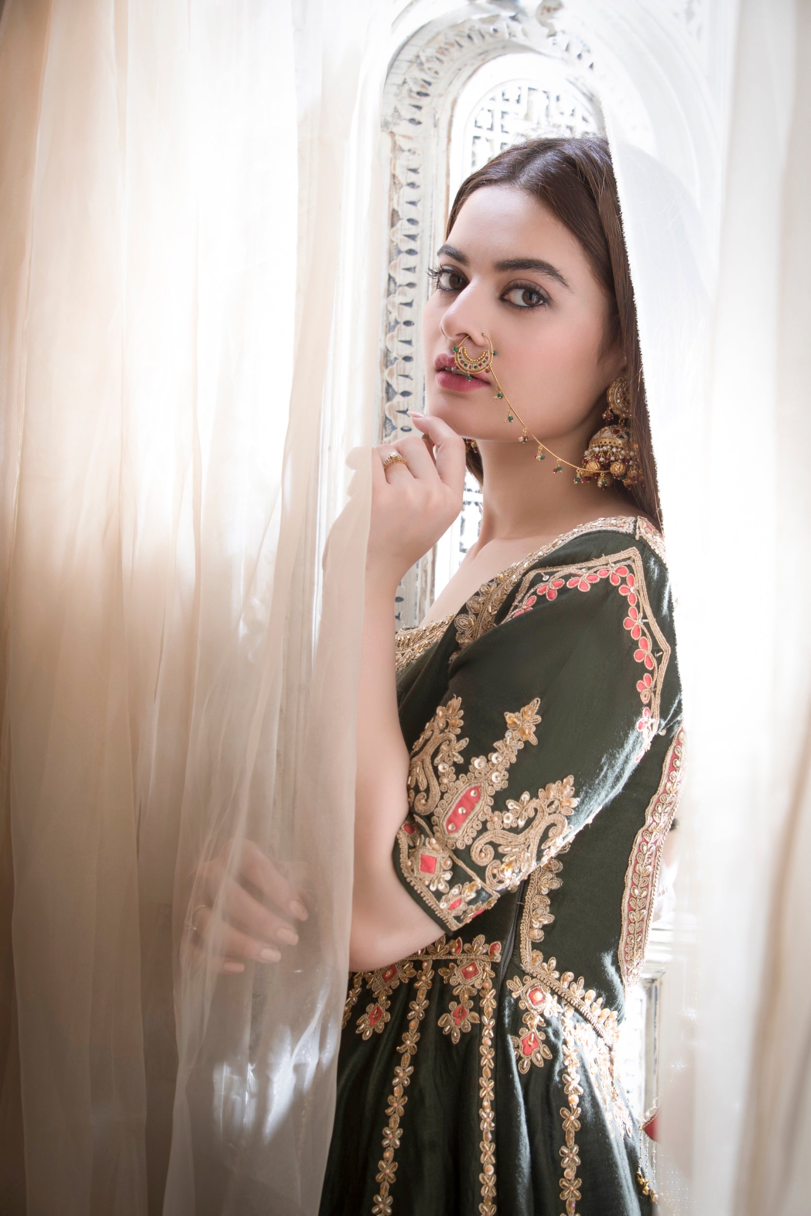 Pakistani Deep Green Embroidered Silk-Blend Anarkali Dress (2-Piece) - Image 14