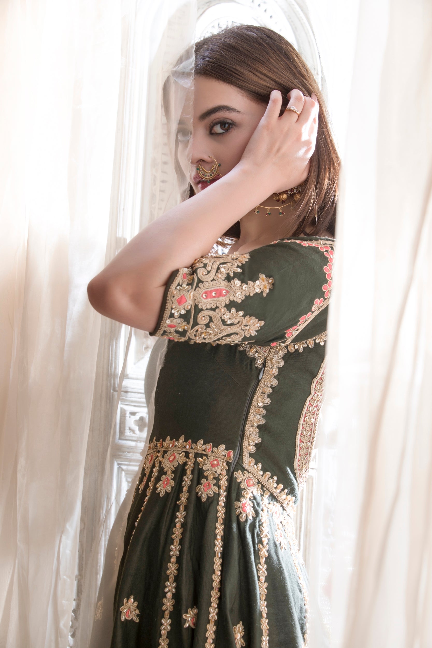 Pakistani Deep Green Embroidered Silk-Blend Anarkali Dress (2-Piece) - Image 15