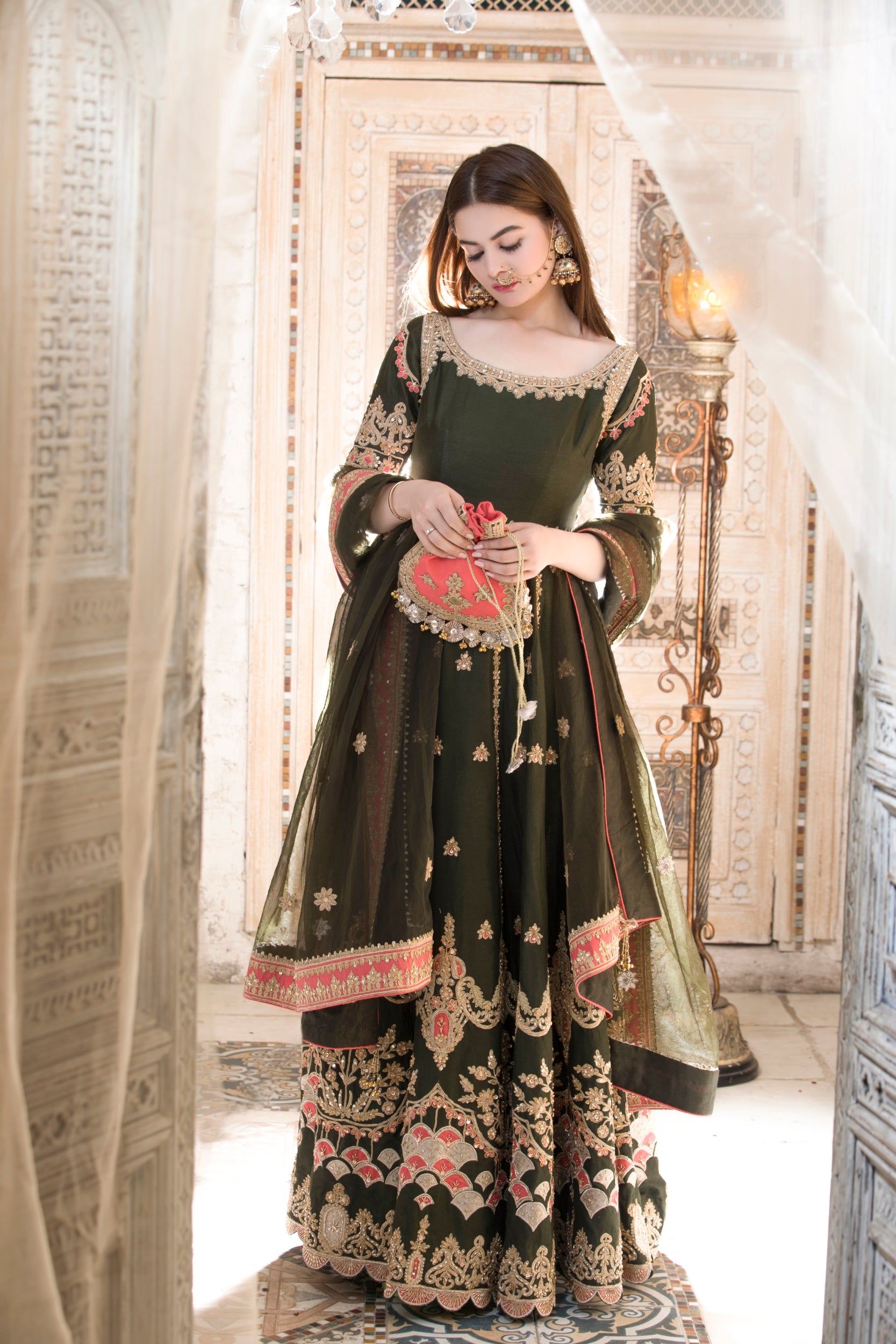 Pakistani Deep Green Embroidered Silk-Blend Anarkali Dress (2-Piece) - Image 2