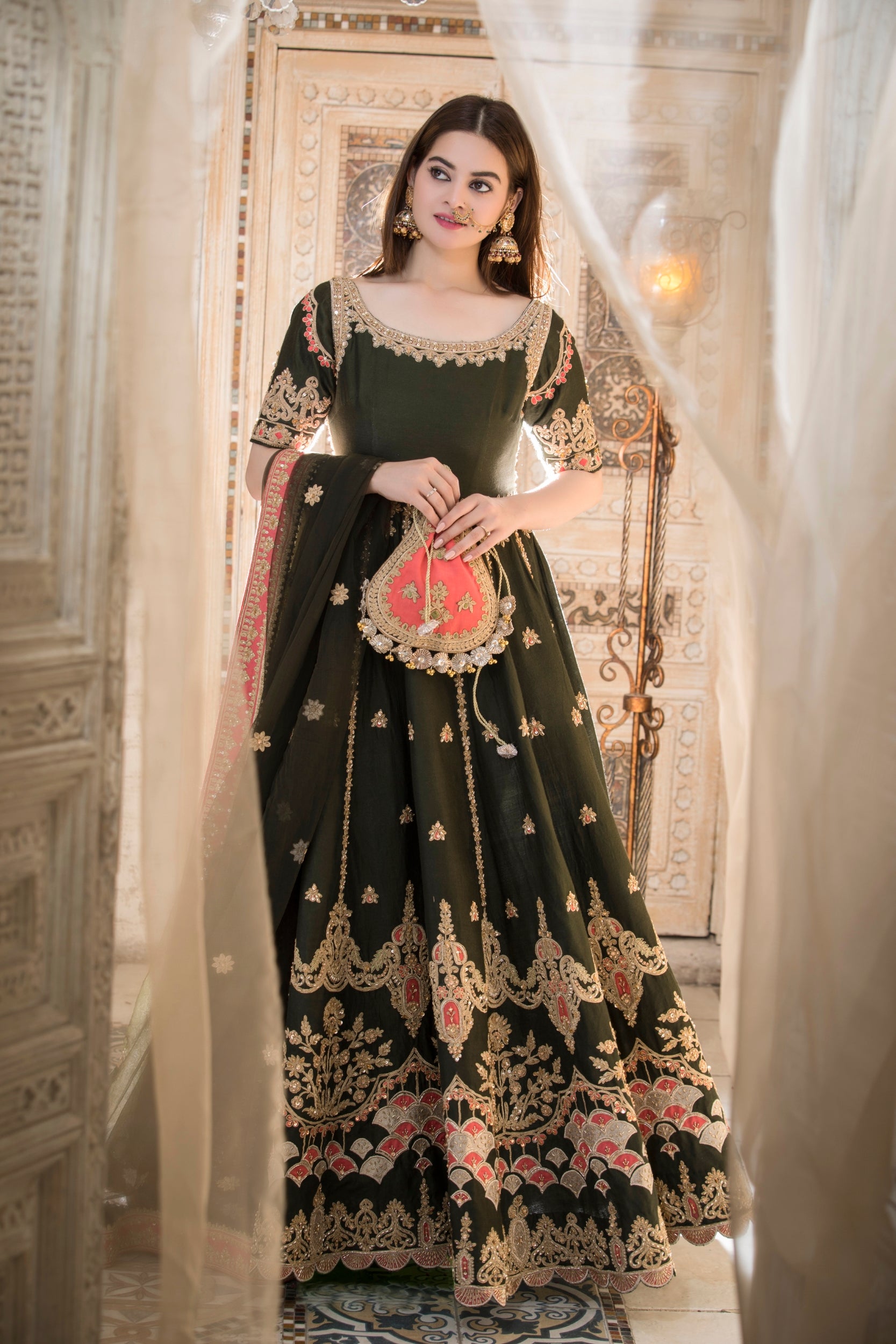 Pakistani Deep Green Embroidered Silk-Blend Anarkali Dress (2-Piece) - Image 3