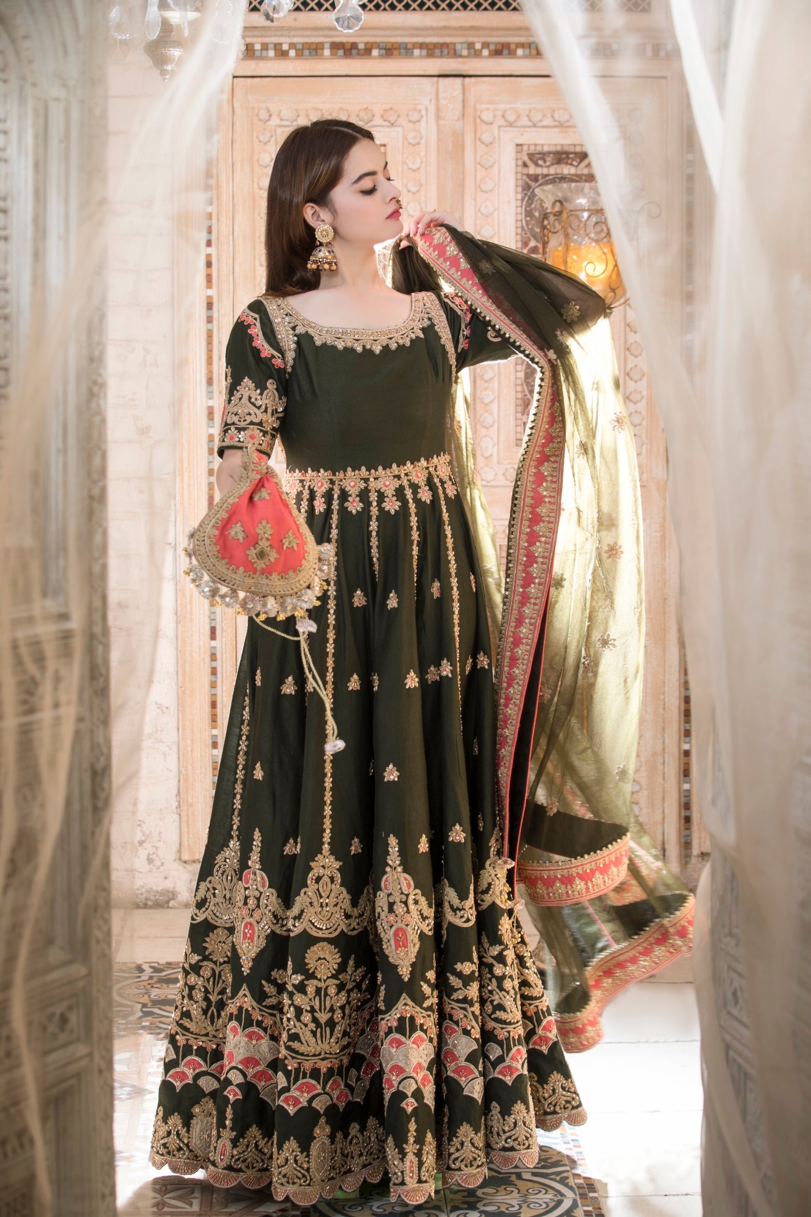 Pakistani Deep Green Embroidered Silk-Blend Anarkali Dress (2-Piece) - Image 4