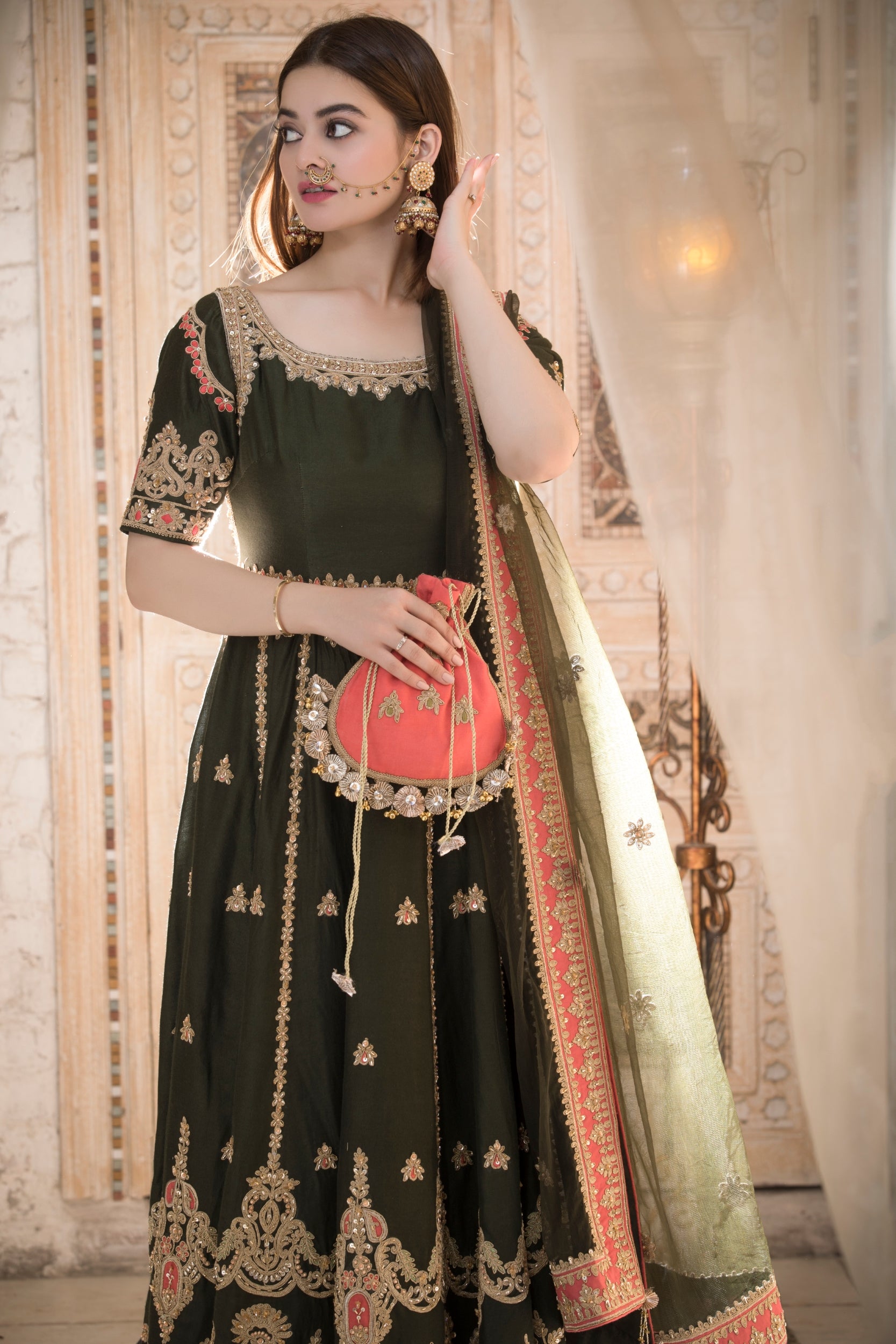 Pakistani Deep Green Embroidered Silk-Blend Anarkali Dress (2-Piece) - Image 5