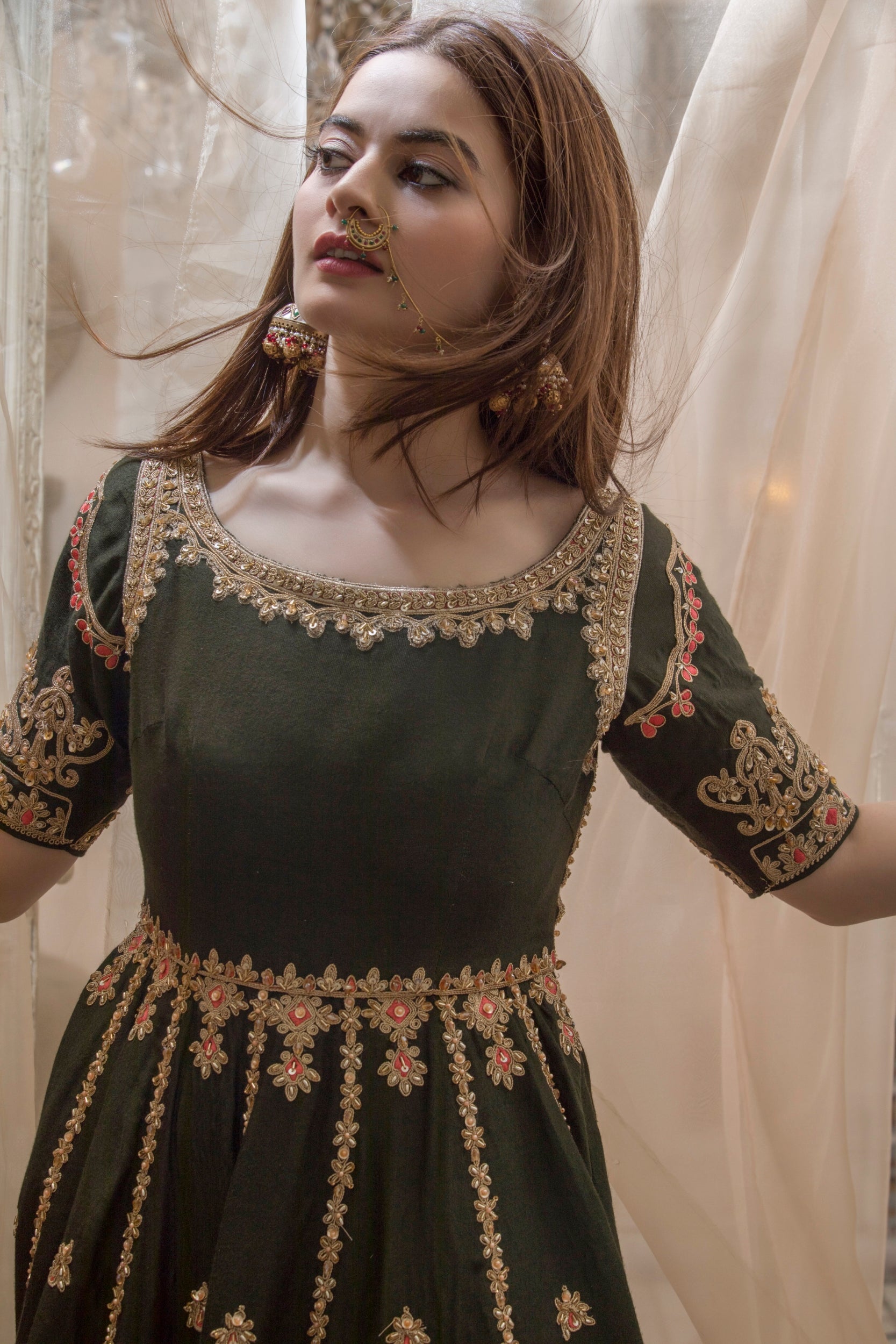 Pakistani Deep Green Embroidered Silk-Blend Anarkali Dress (2-Piece) - Image 9