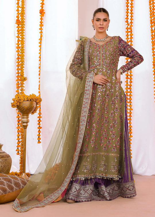 Pakistani Olive Green & Purple Embroidered Silk-Blend Anarkali (3-Piece) - Image 1
