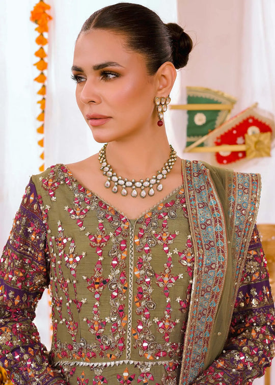 Pakistani Olive Green & Purple Embroidered Silk-Blend Anarkali (3-Piece) - Image 2