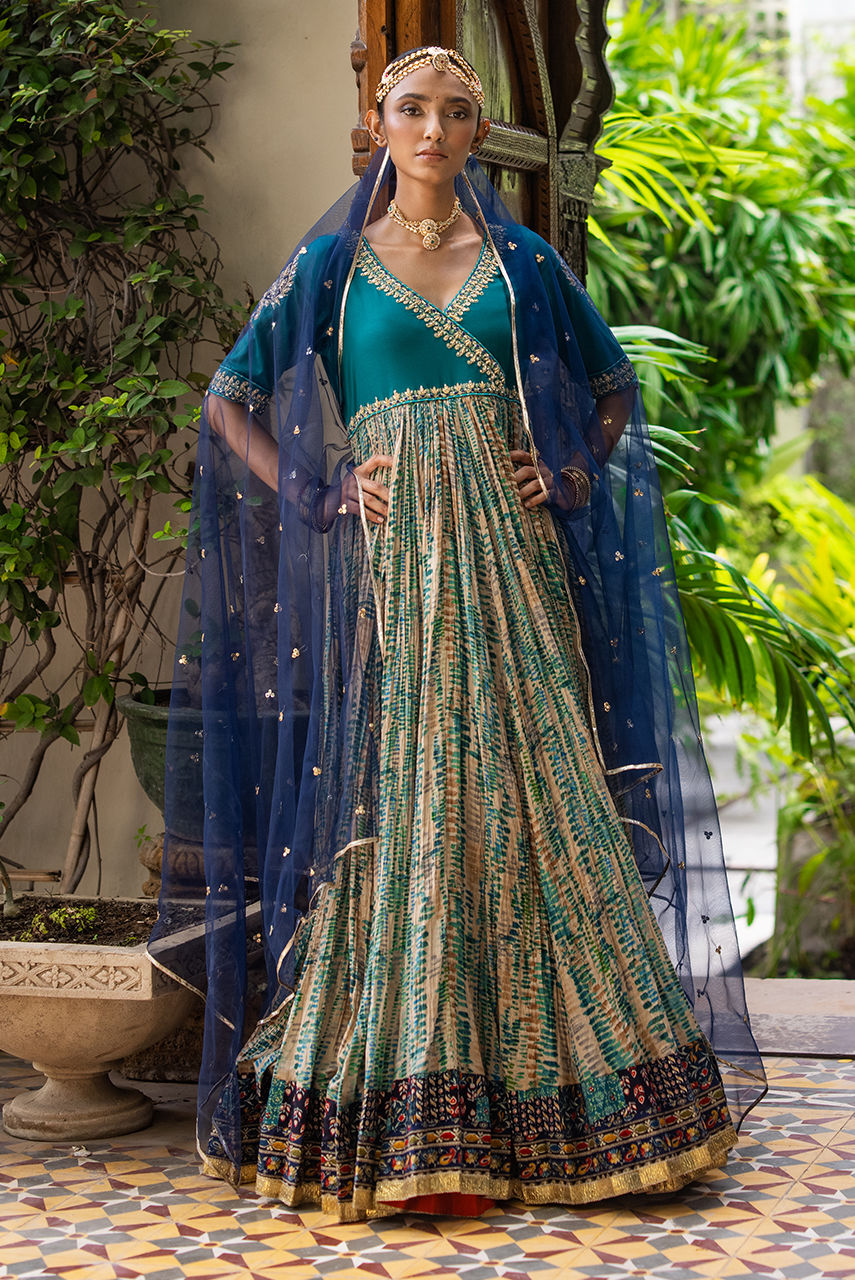 Teal Resham Zardozi Crushed Anarkali Dress (2-Piece) - Image 1