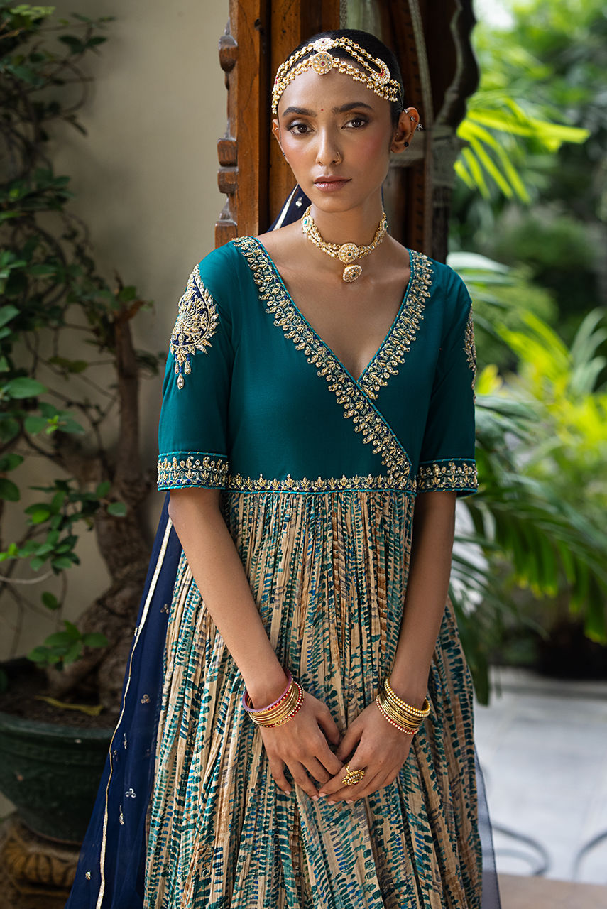 Teal Resham Zardozi Crushed Anarkali Dress (2-Piece) - Image 2