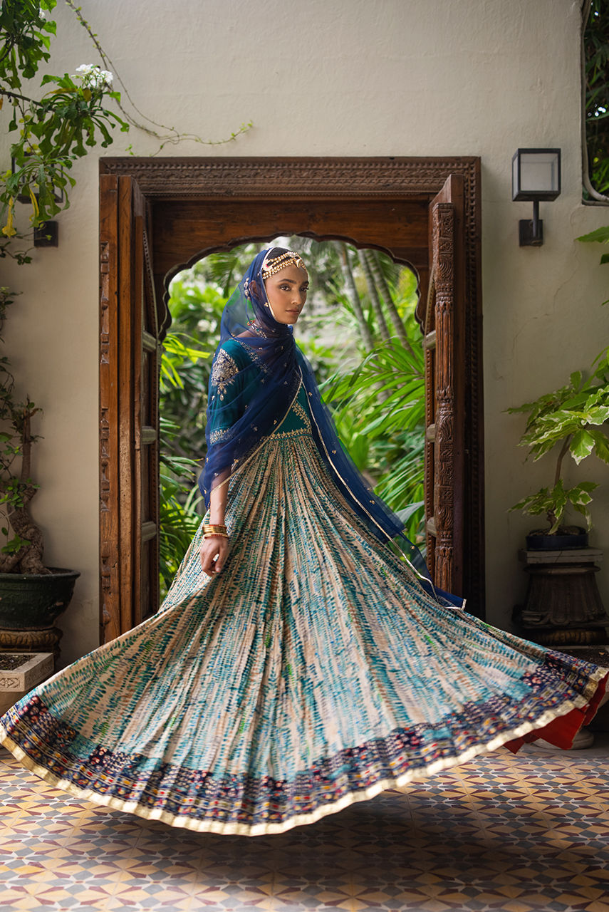 Teal Resham Zardozi Crushed Anarkali Dress (2-Piece) - Image 3