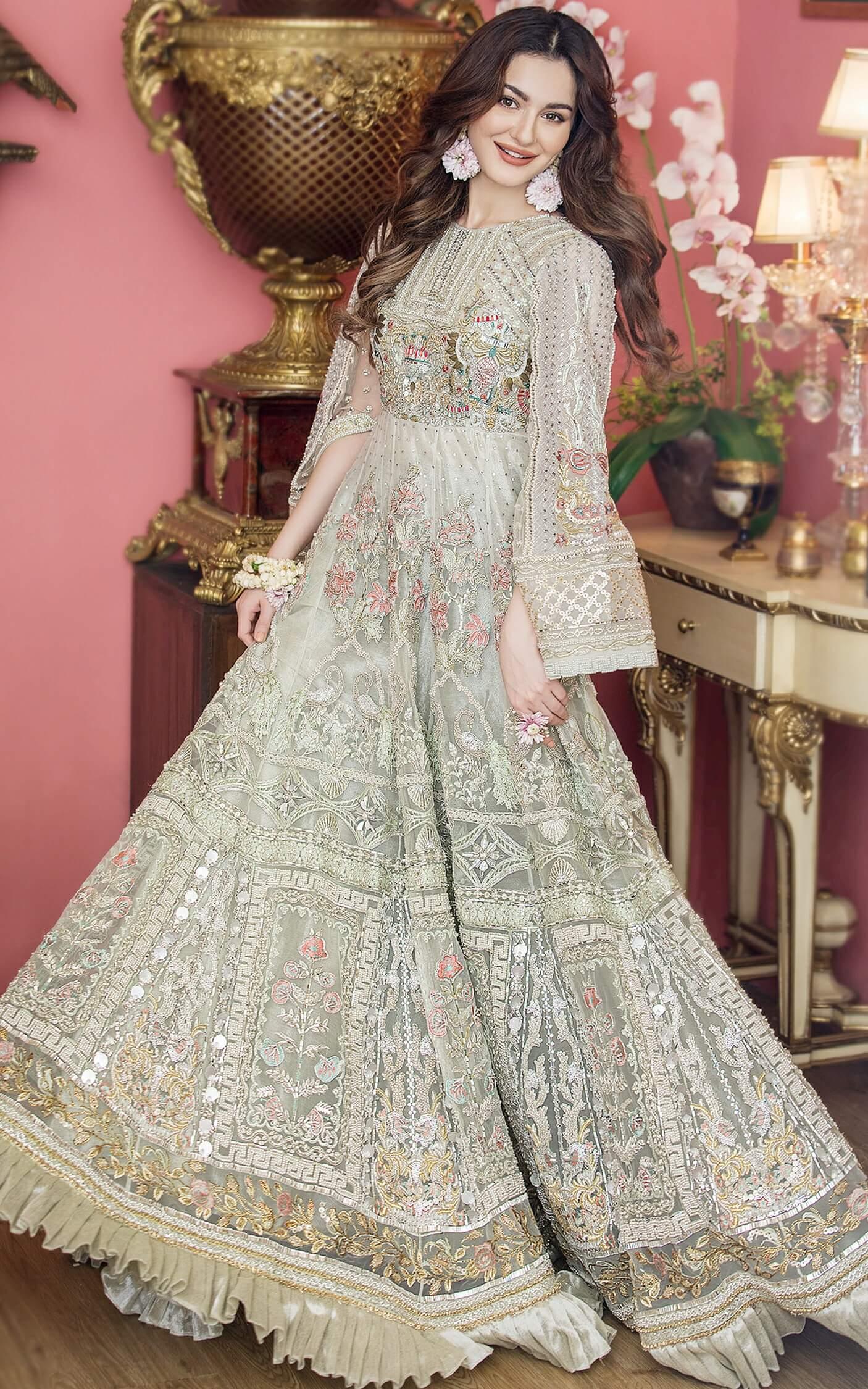 Pakistani Pistachio Grey Embroidered Net Silk Anarkali (2-Piece) - Image 1